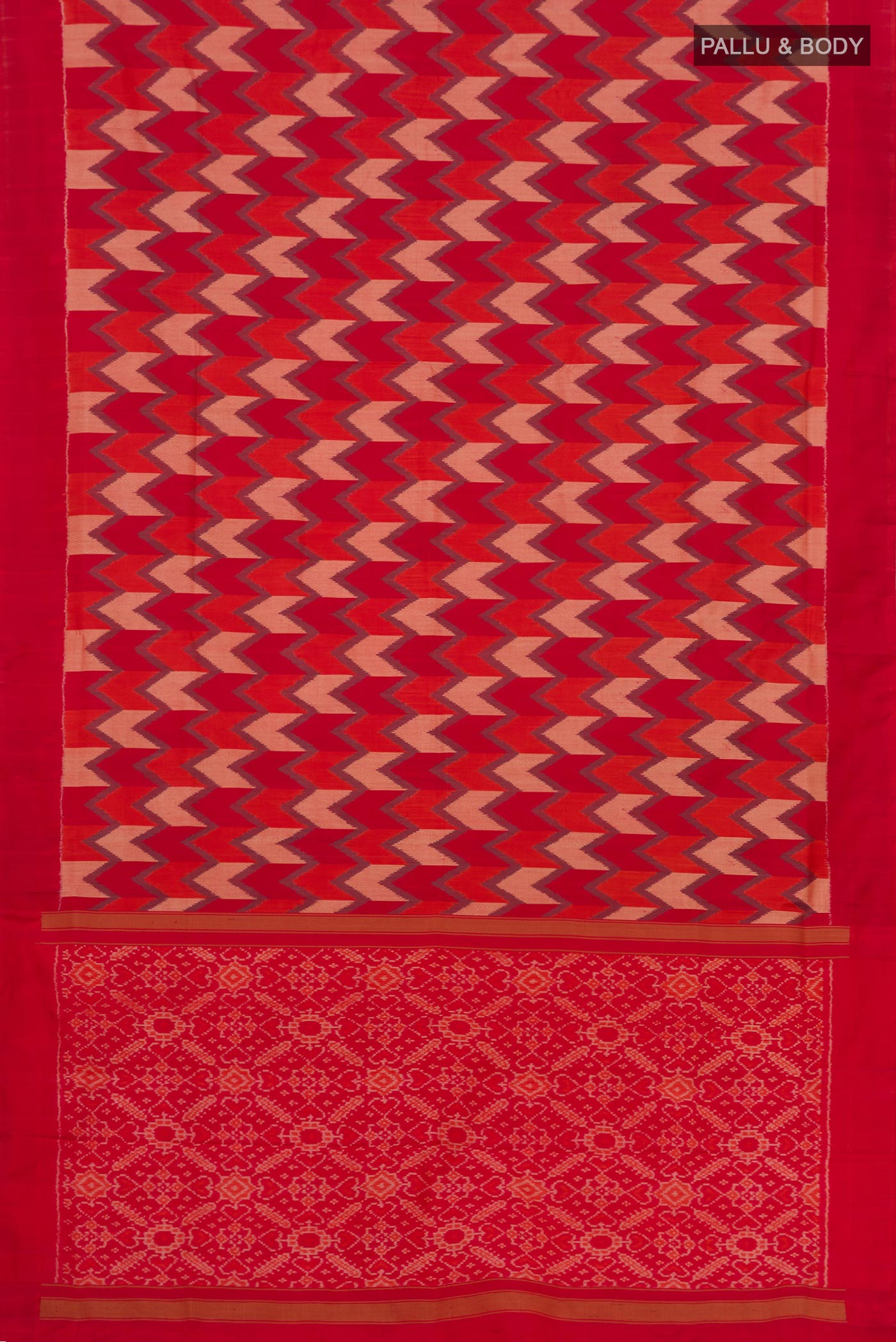 Flat view of Red Pochampally Silk Saree with Ikat Print on the body and Plain Border. 
