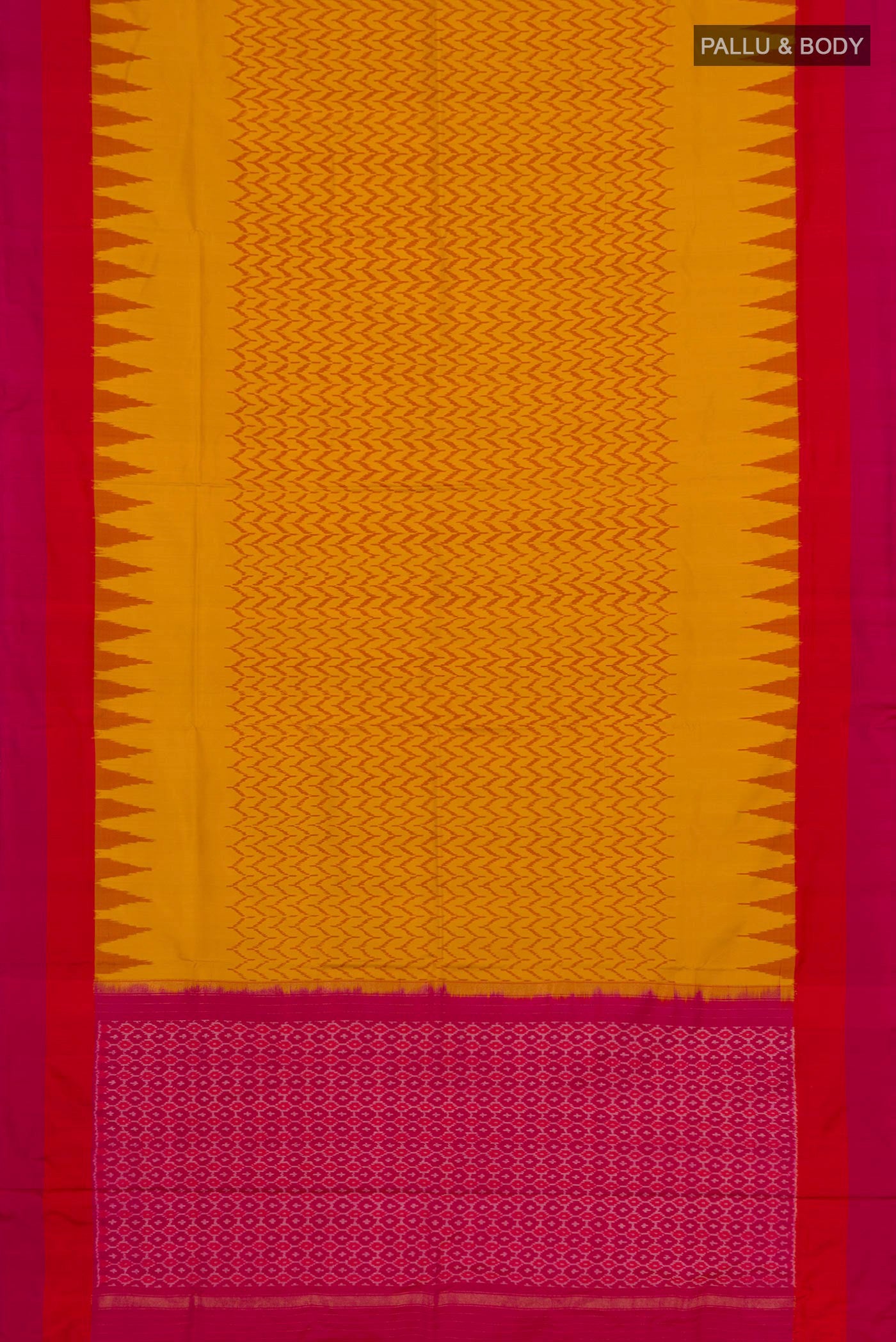 Flat view of Mustard Pochampally Silk Saree with Ikat Print on the body and Plain Border. 