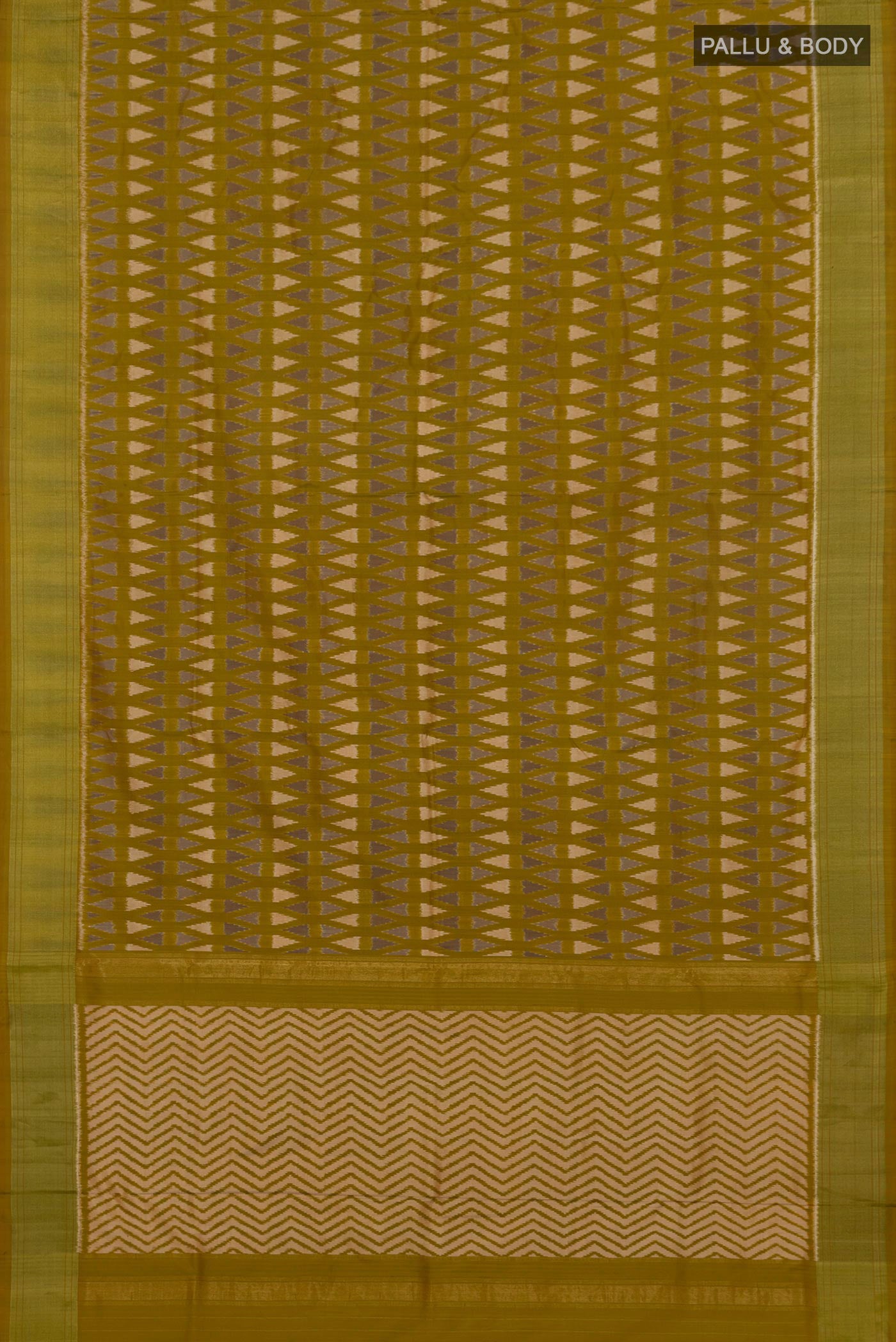 Flat view of Green Pochampally Silk Saree with Ikat Print on the body and Zari Border. 