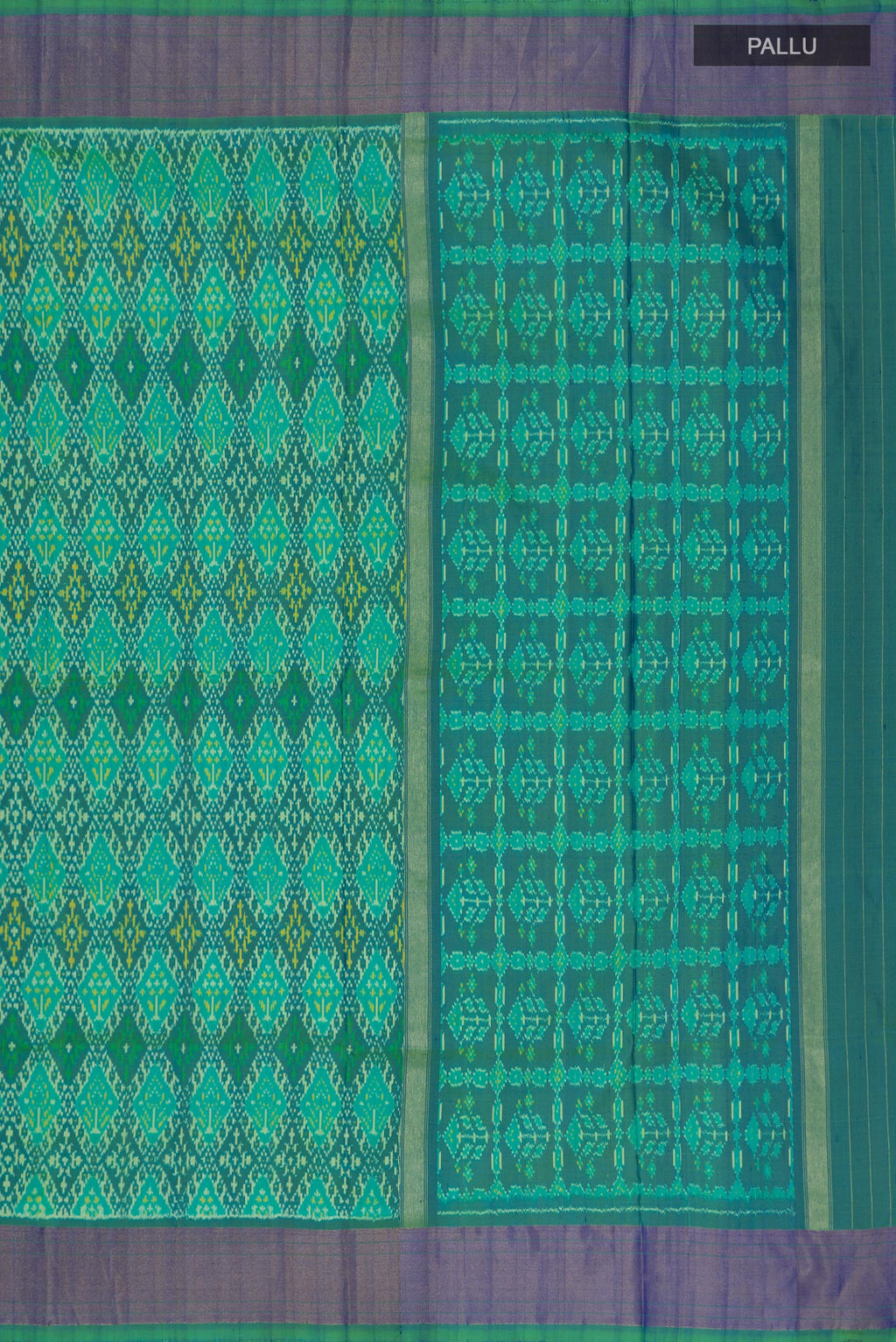 Close up image of the pallu of Light Green Pochampally Silk Saree with Ikat Print on the body and Zari Border. 