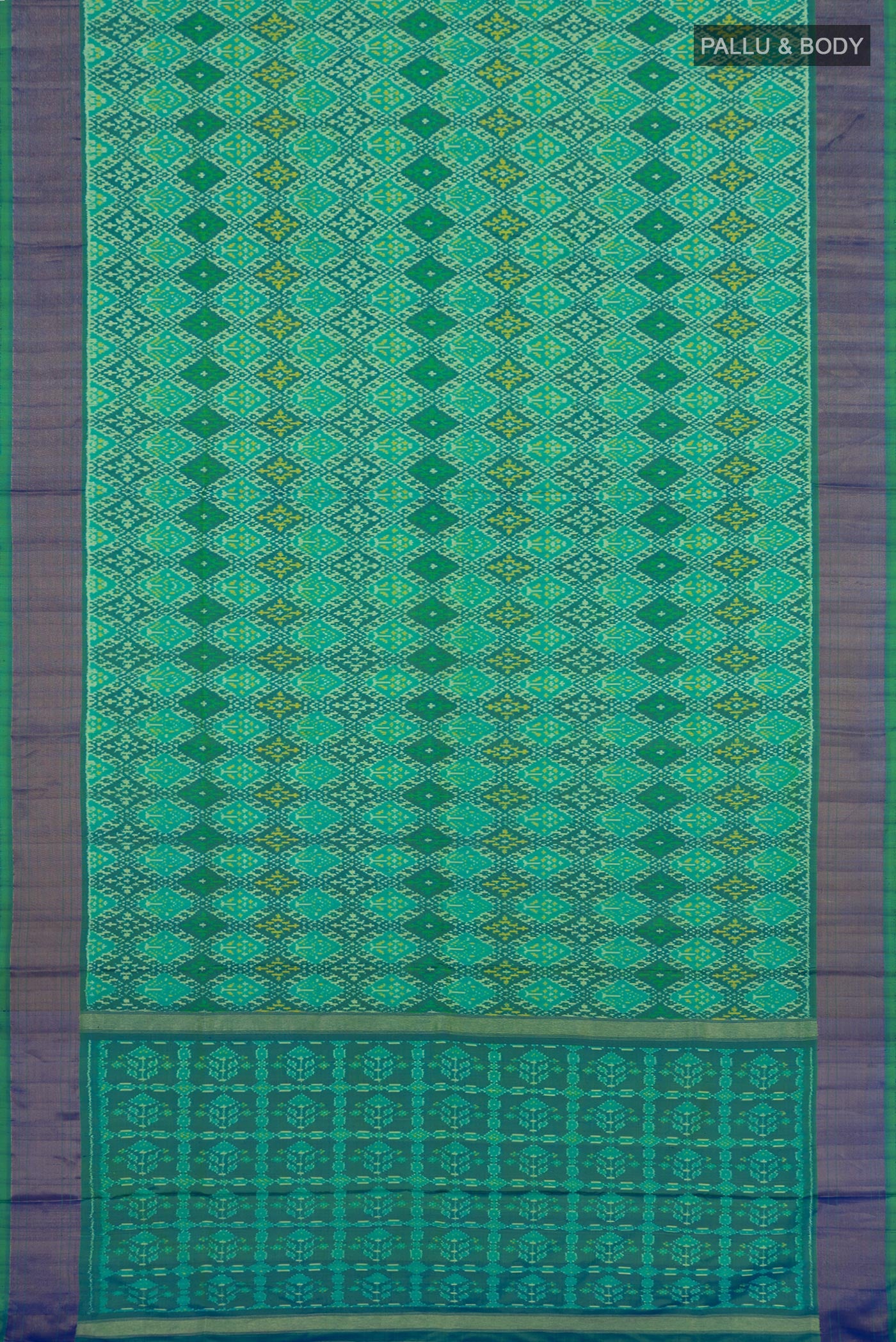 Flat view of Light Green Pochampally Silk Saree with Ikat Print on the body and Zari Border. 