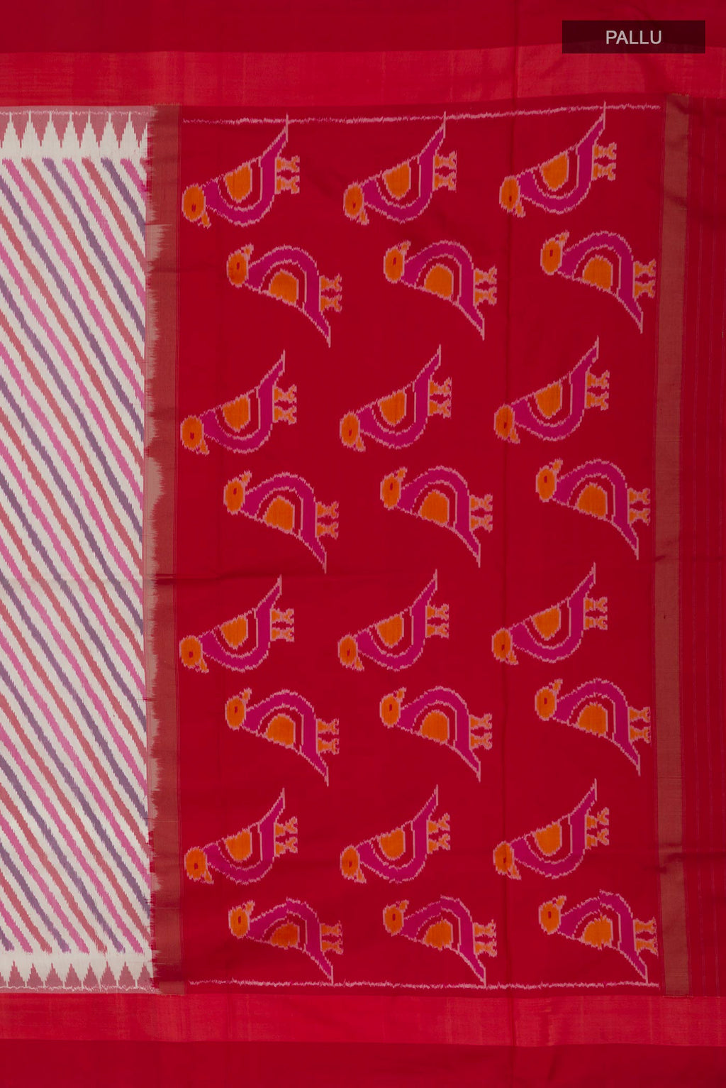 Close up image of the pallu of Cream Pochampally Silk Saree with Ikat design on the body and Plain Border. 