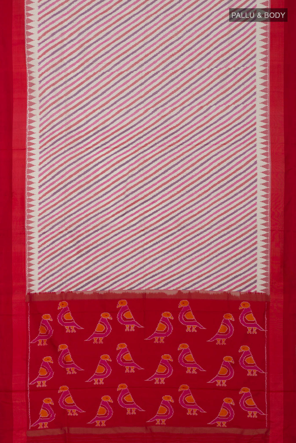 Flat view of Cream Pochampally Silk Saree with Ikat design on the body and Plain Border. 