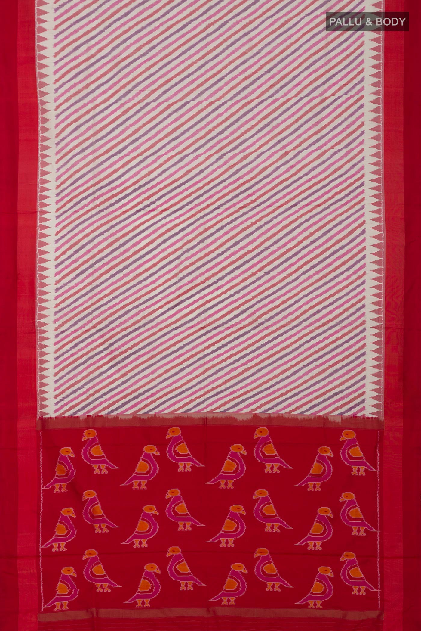 Flat view of Cream Pochampally Silk Saree with Ikat design on the body and Plain Border. 