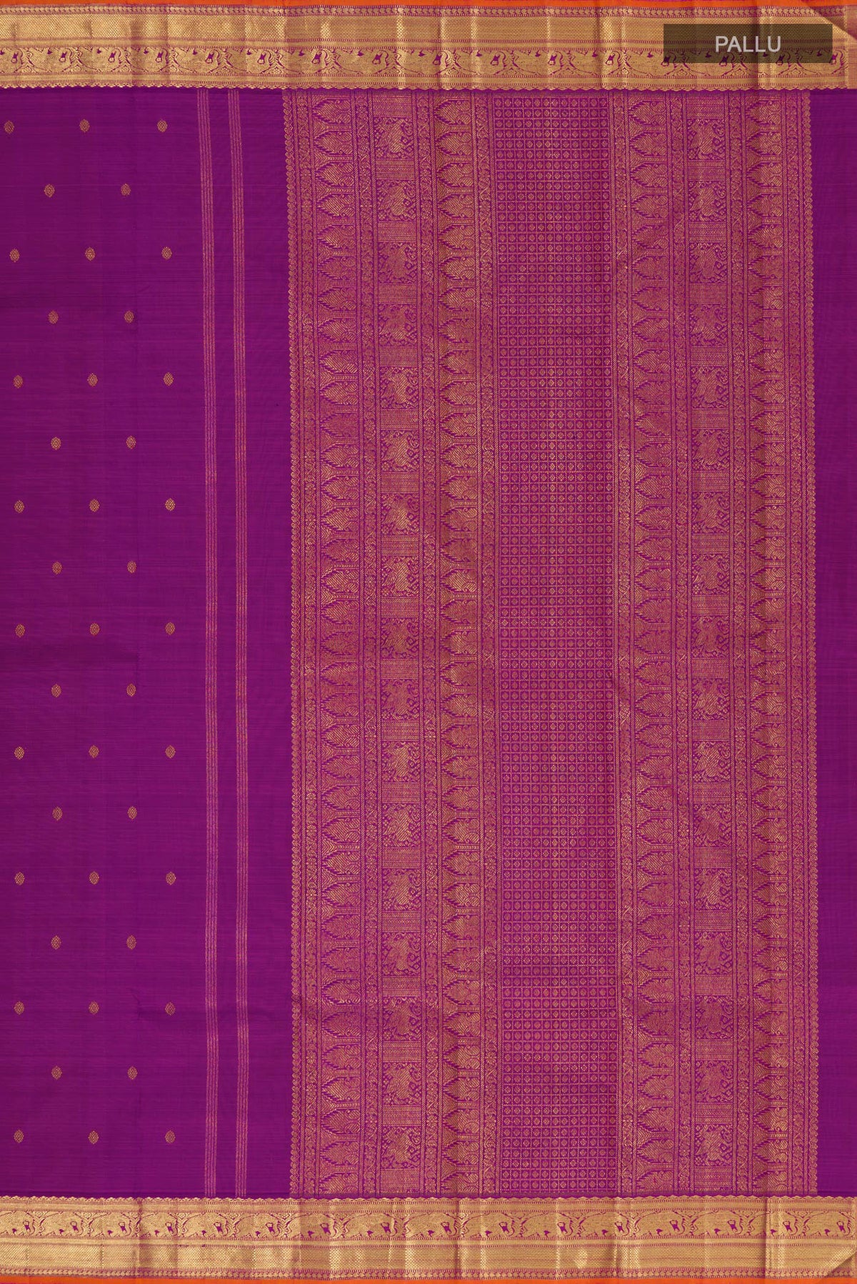 Close up image of the pallu of Pure Silk Pure Zari Purple Kanjivaram Saree with Zari Butta on the body and Zari Border. 