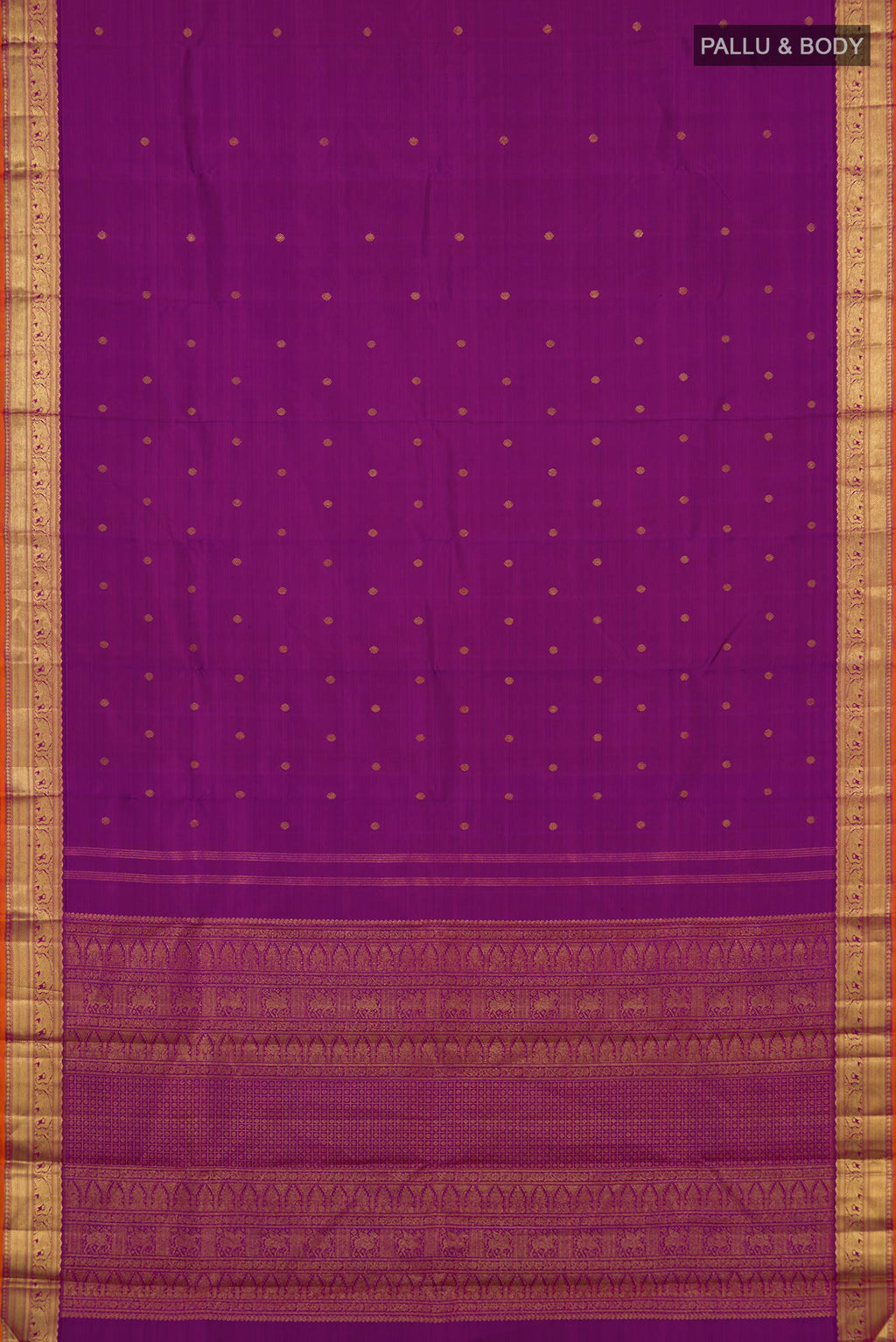 Flat view of Pure Silk Pure Zari Purple Kanjivaram Saree with Zari Butta on the body and Zari Border. 