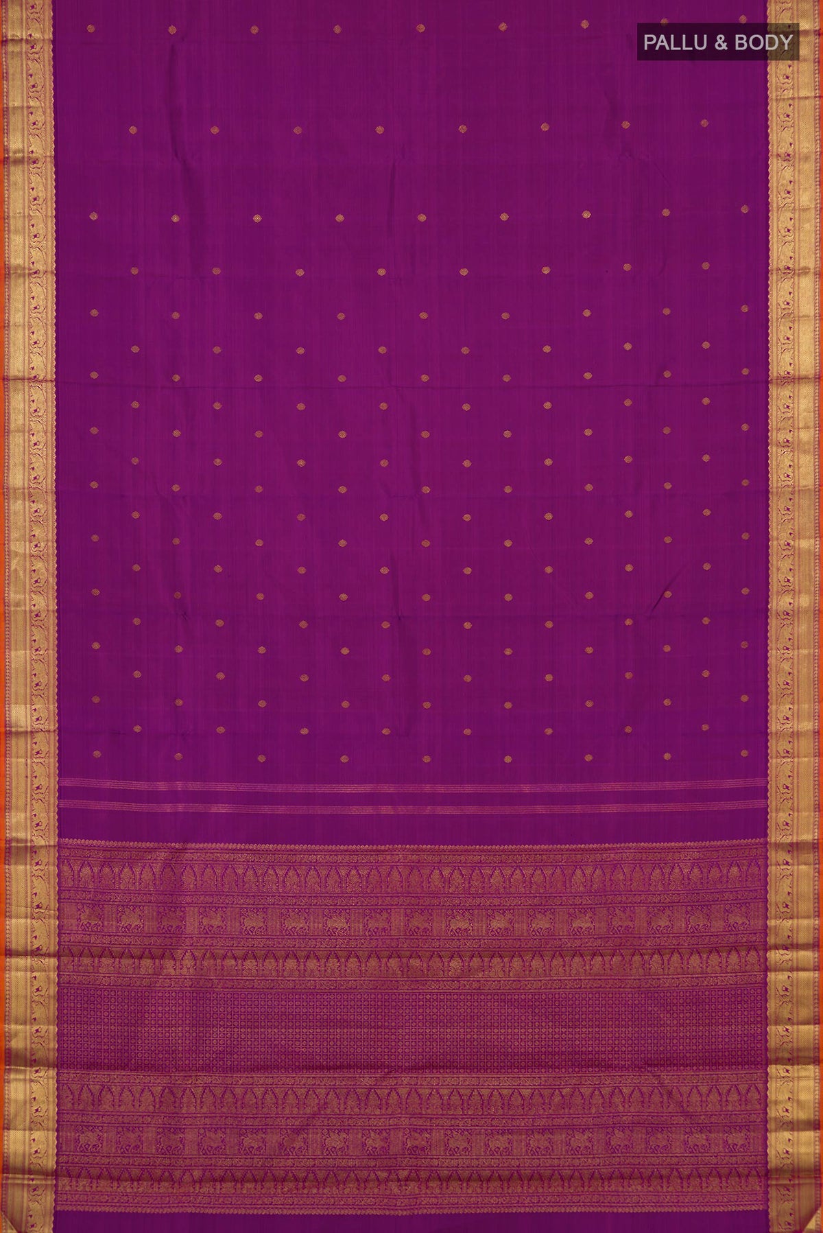 Flat view of Pure Silk Pure Zari Purple Kanjivaram Saree with Zari Butta on the body and Zari Border. 