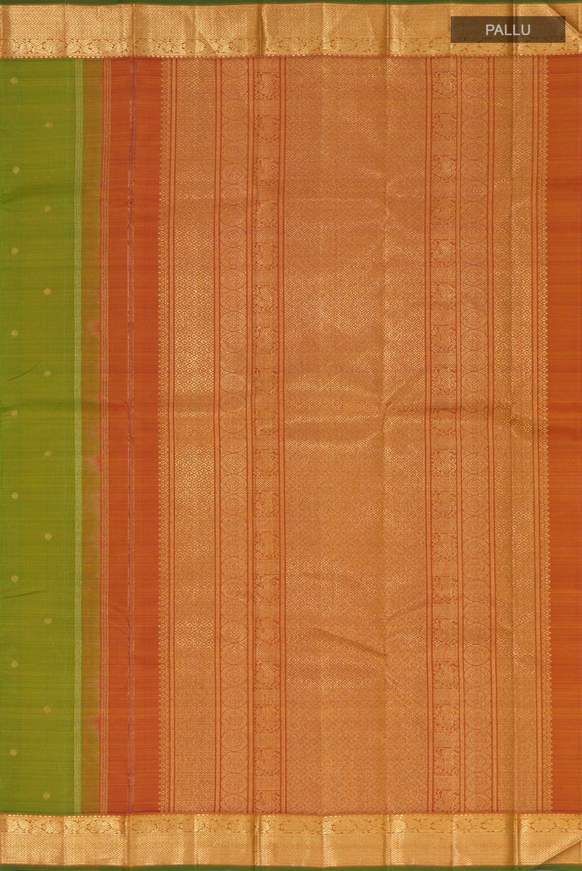 Close up image of the pallu of Pure Silk Pure Zari Light Green Kanjivaram Saree with Zari Butta on the body and Zari Border. 