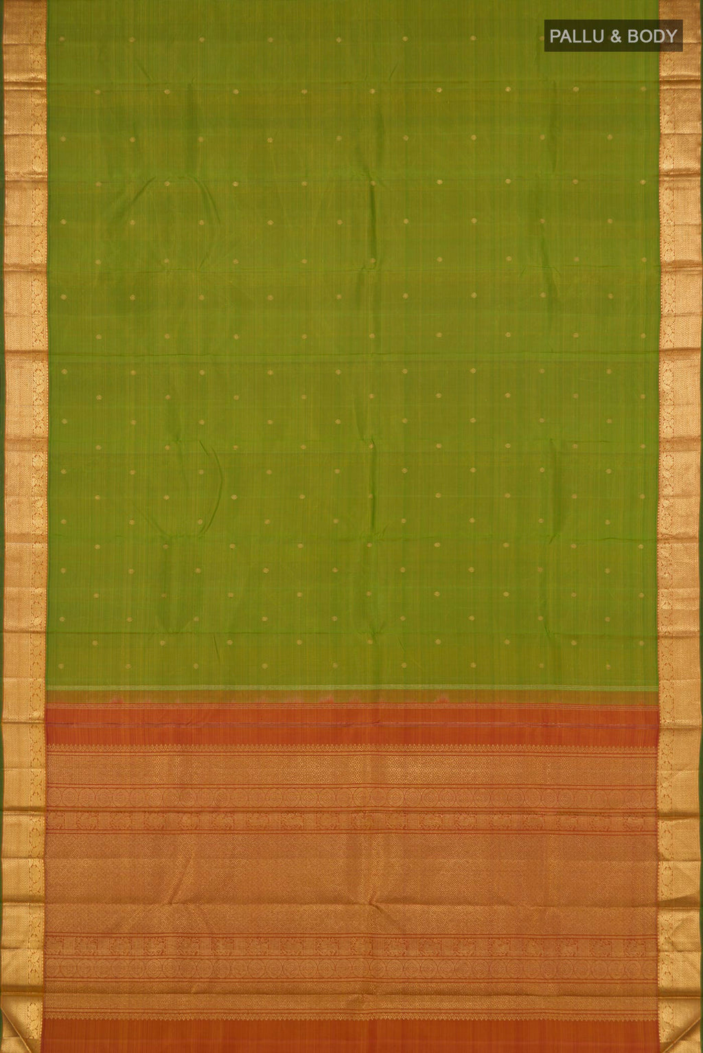 Flat view of Pure Silk Pure Zari Light Green Kanjivaram Saree with Zari Butta on the body and Zari Border. 