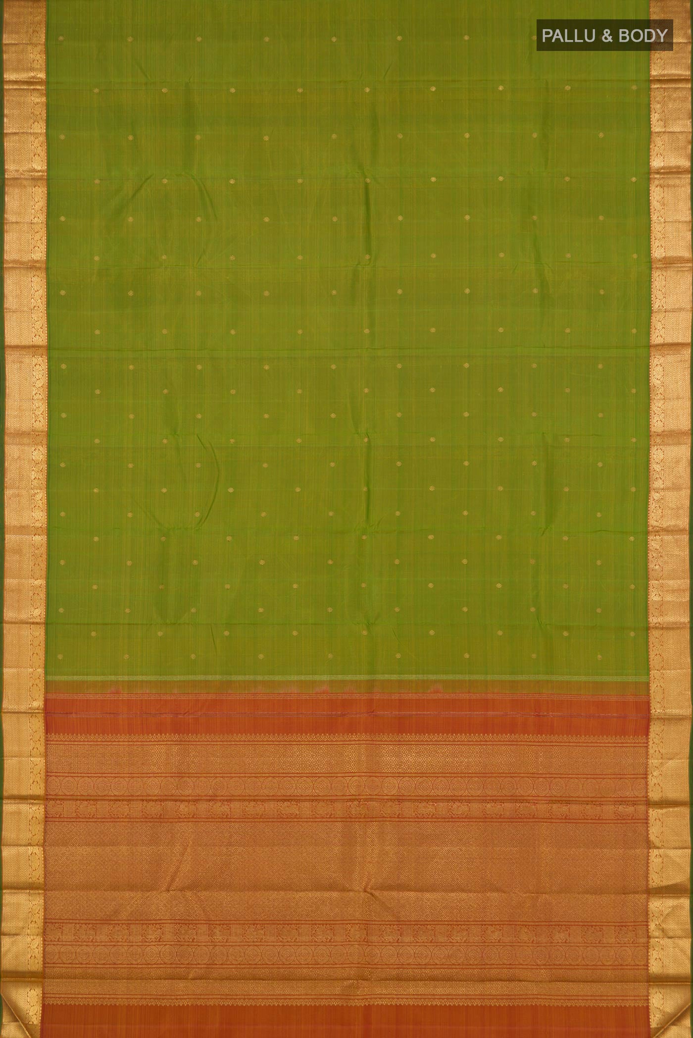 Flat view of Pure Silk Pure Zari Light Green Kanjivaram Saree with Zari Butta on the body and Zari Border. 
