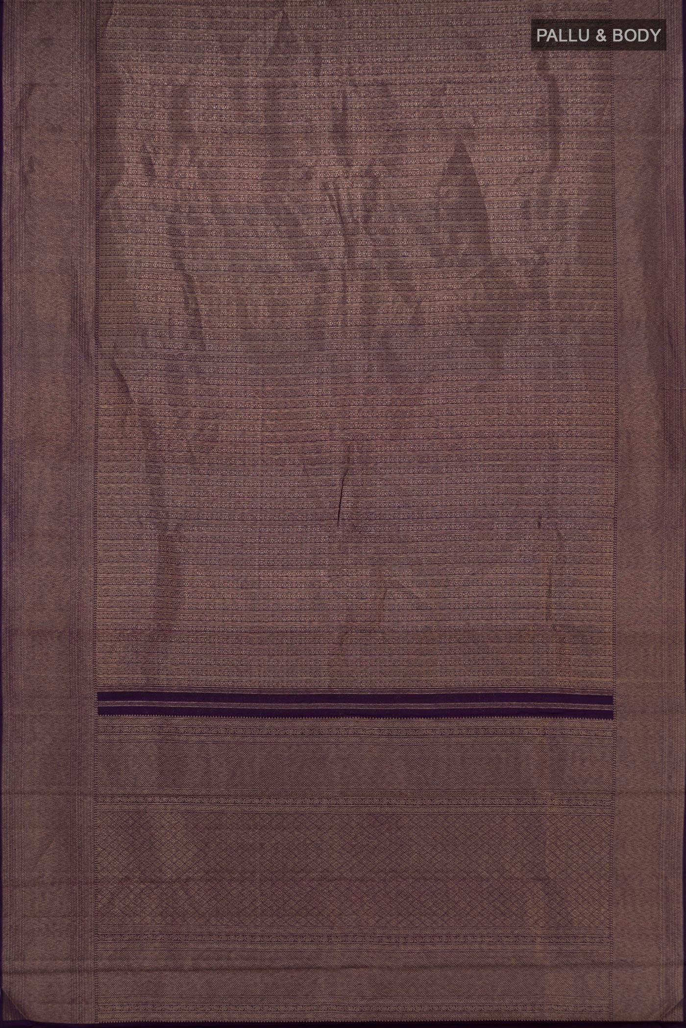 Flat view of Violet Kanchipuram Saree with Zari Brocade on the body and Zari Border. 
