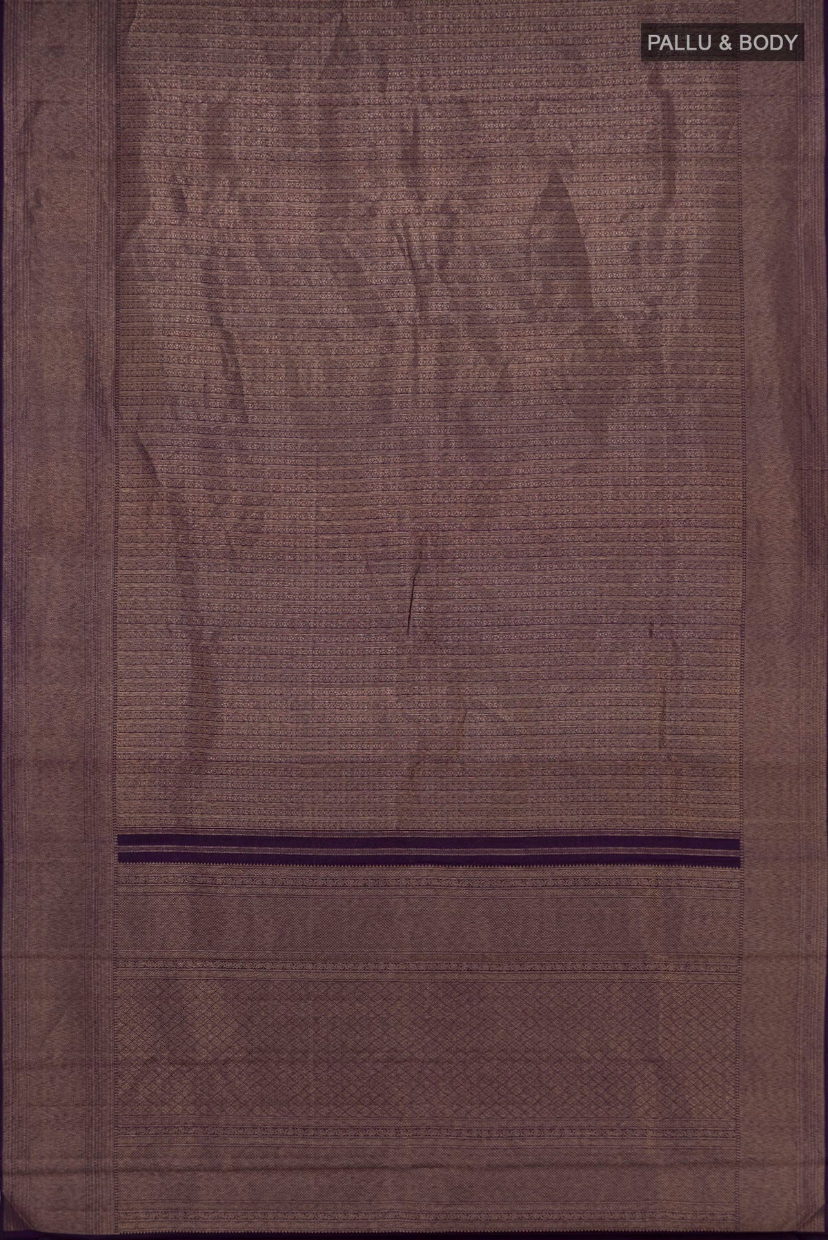 Flat view of Violet Kanchipuram Saree with Zari Brocade on the body and Zari Border. 