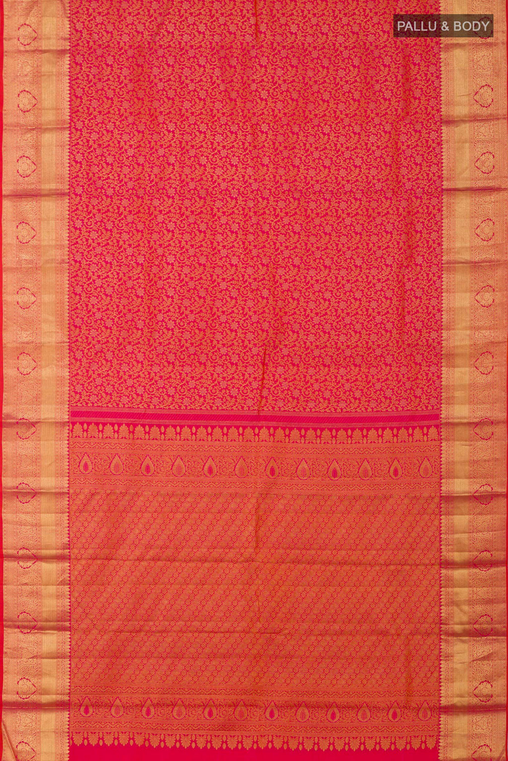 Flat view of Orange Kanjivaram Silk Saree with Zari Brocade on the body and Zari Border. 