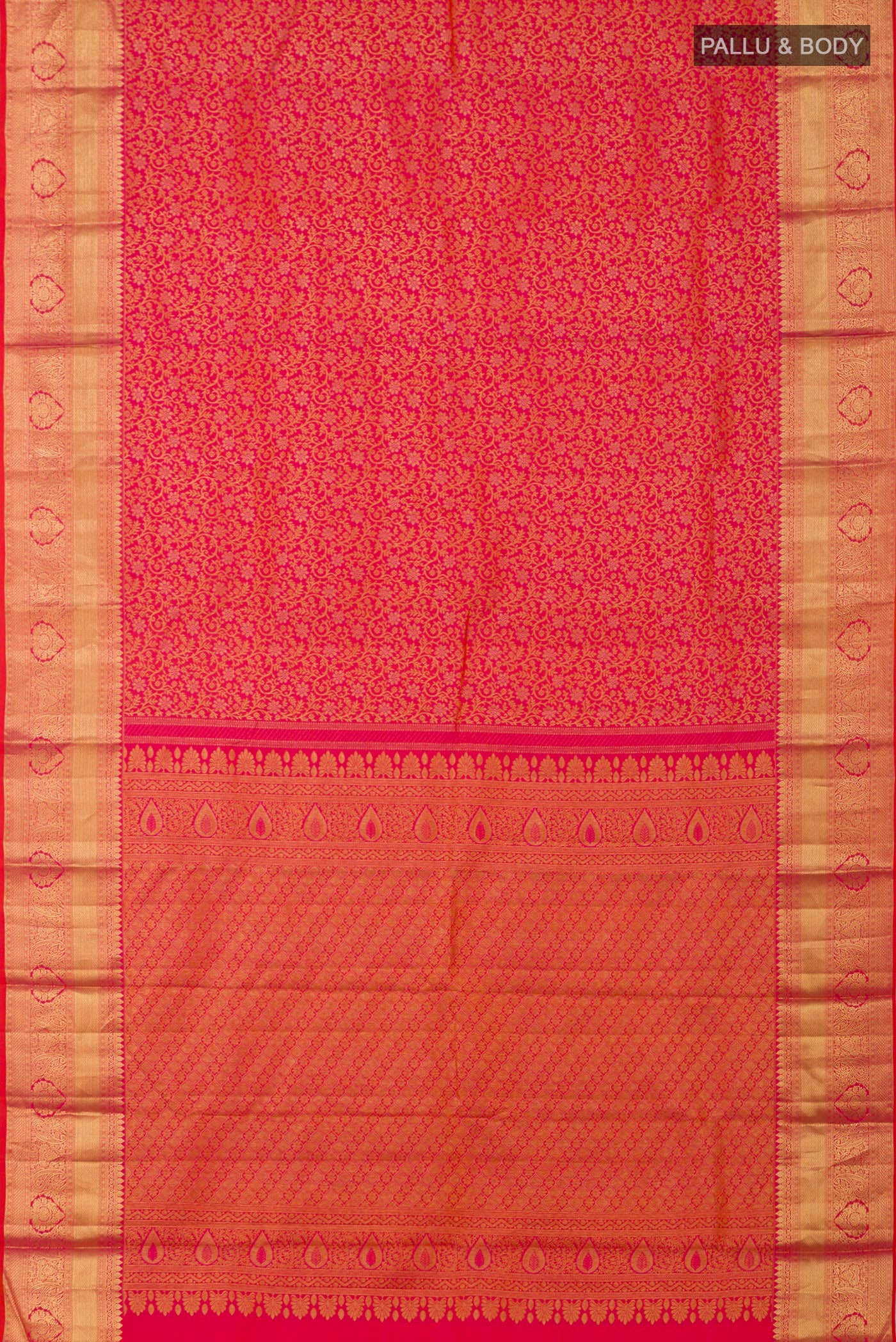 Flat view of Orange Kanjivaram Silk Saree with Zari Brocade on the body and Zari Border. 