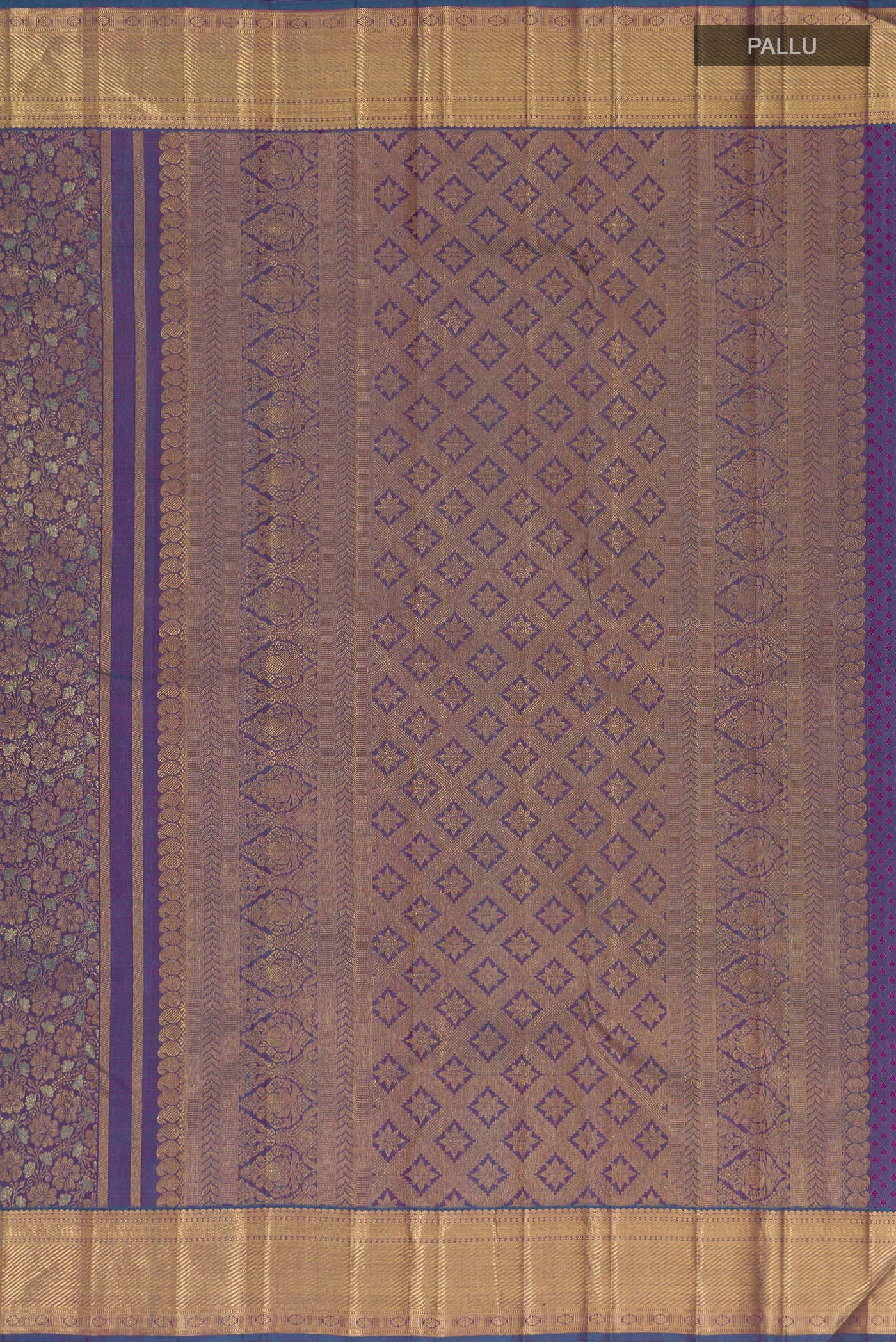 Close up image of the pallu of Pure Silk Pure Zari Blue Dual Tone Kanchipuram Saree with Zari Brocade on the body and Zari Border. 