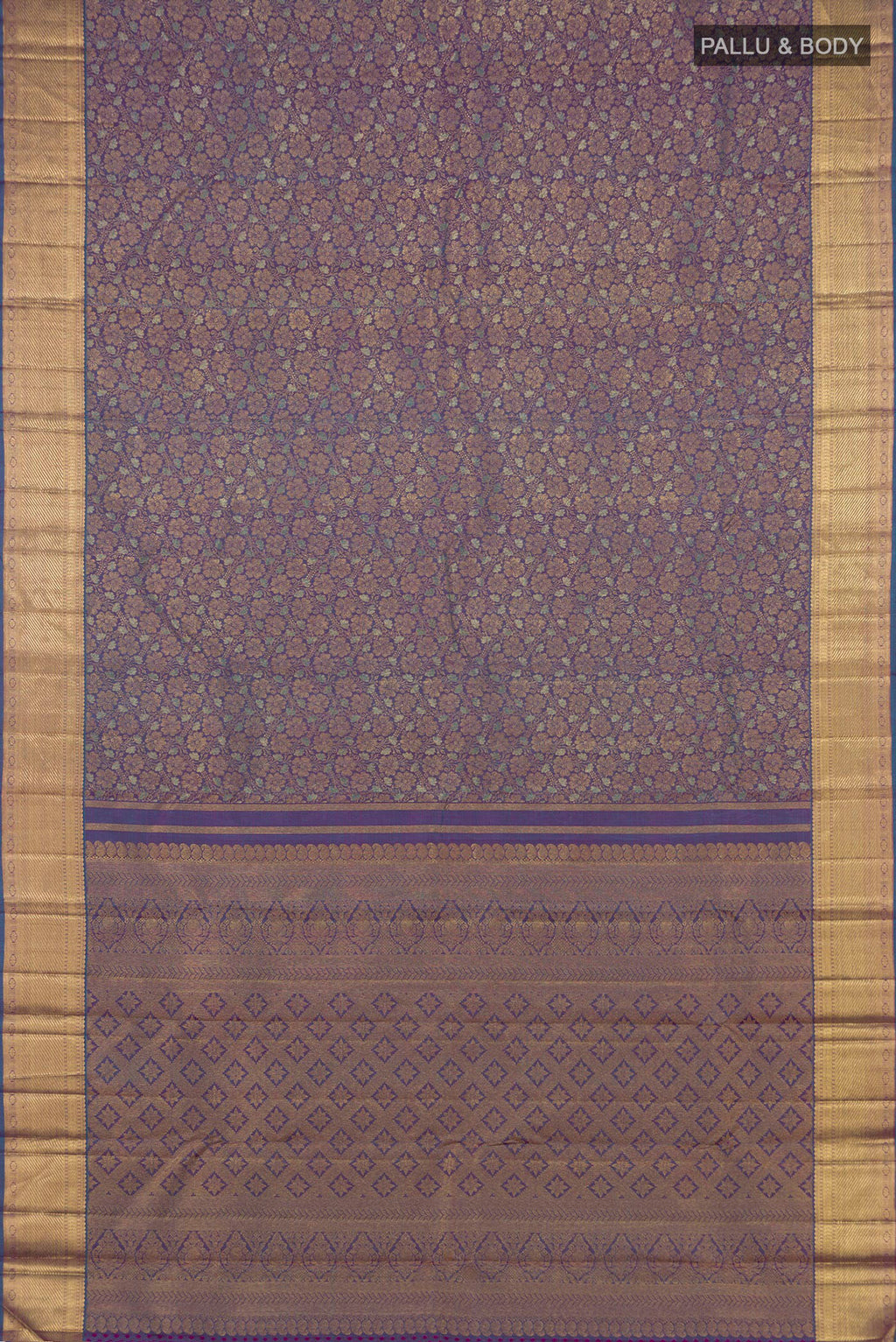 Flat view of Pure Silk Pure Zari Blue Dual Tone Kanchipuram Saree with Zari Brocade on the body and Zari Border. 