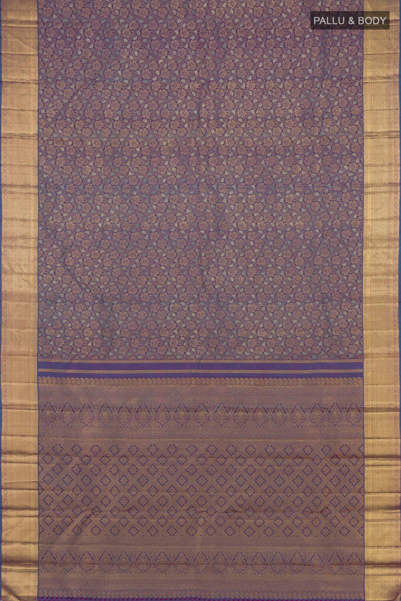 Flat view of Pure Silk Pure Zari Blue Dual Tone Kanchipuram Saree with Zari Brocade on the body and Zari Border. 
