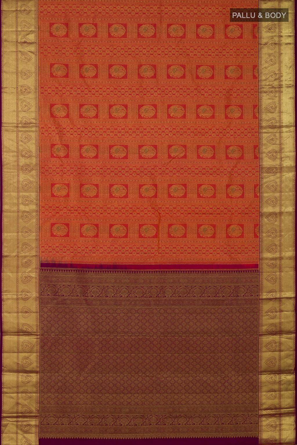 Flat view of Pink Kanjivaram Silk Saree with Zari Brocade on the body and Zari Border. 