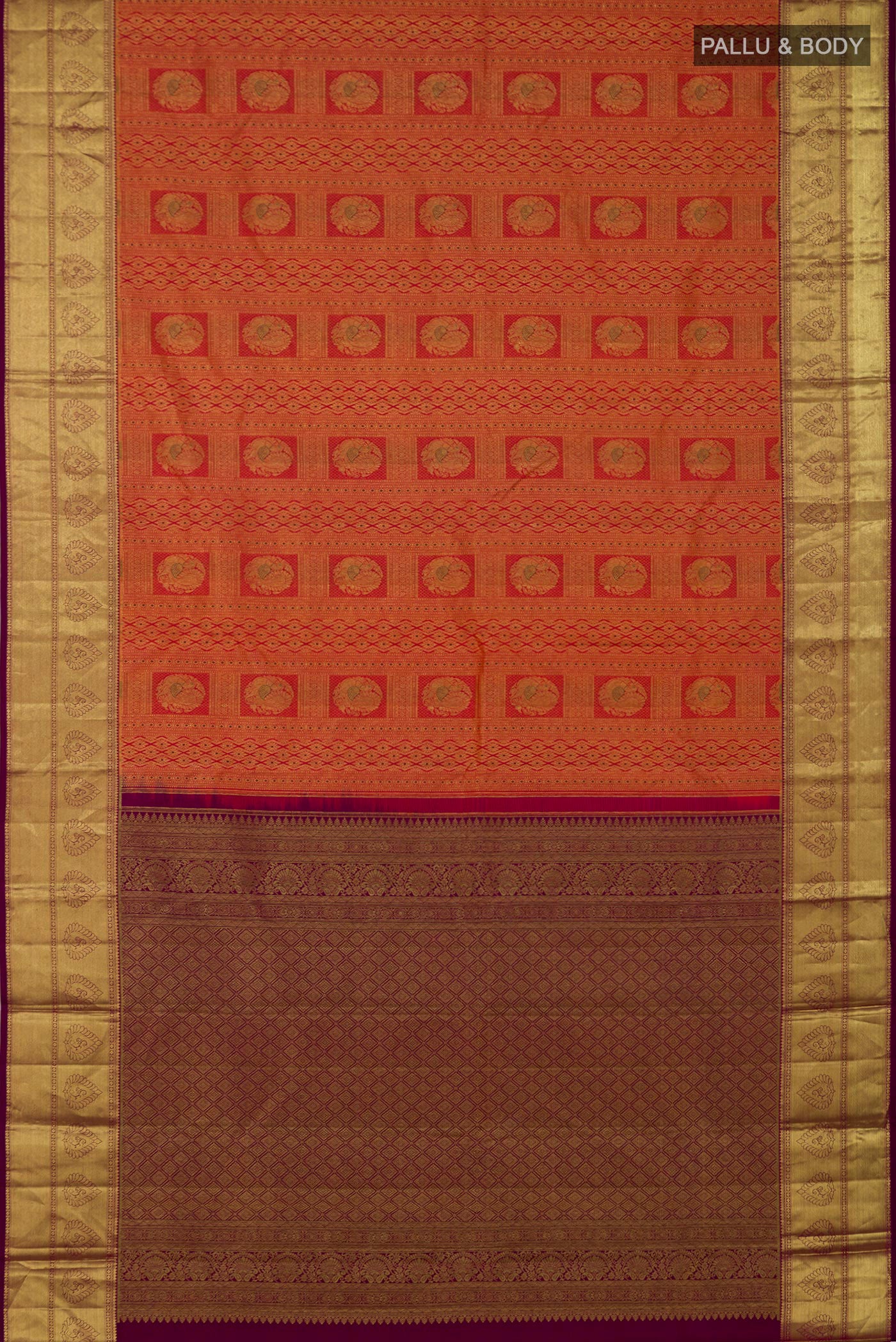 Flat view of Pink Kanjivaram Silk Saree with Zari Brocade on the body and Zari Border. 