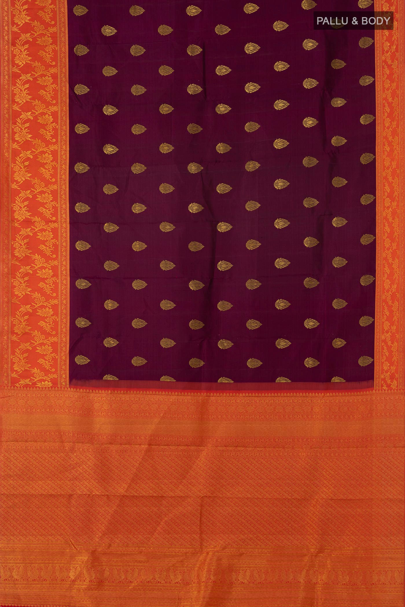 Flat view of Purple Kanjivaram Saree with Zari Butta on the body and Fancy Border. 