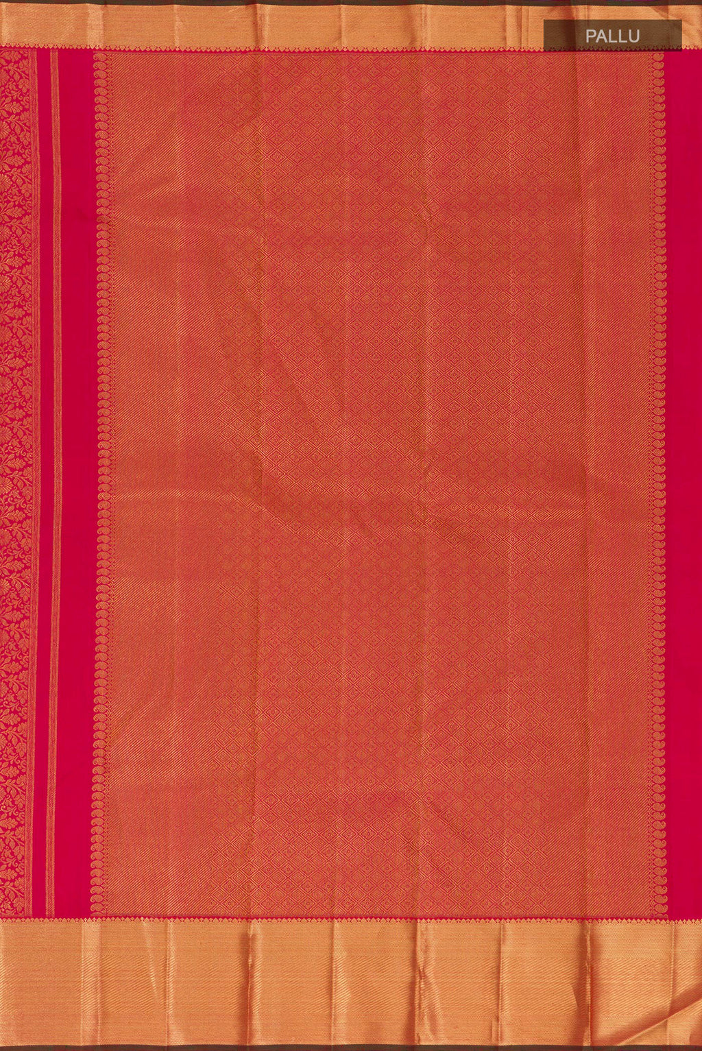 Close up image of the pallu of Pure Silk Pure Zari Pink Kanjivaram Saree with Zari Brocade on the body and Zari Border. 