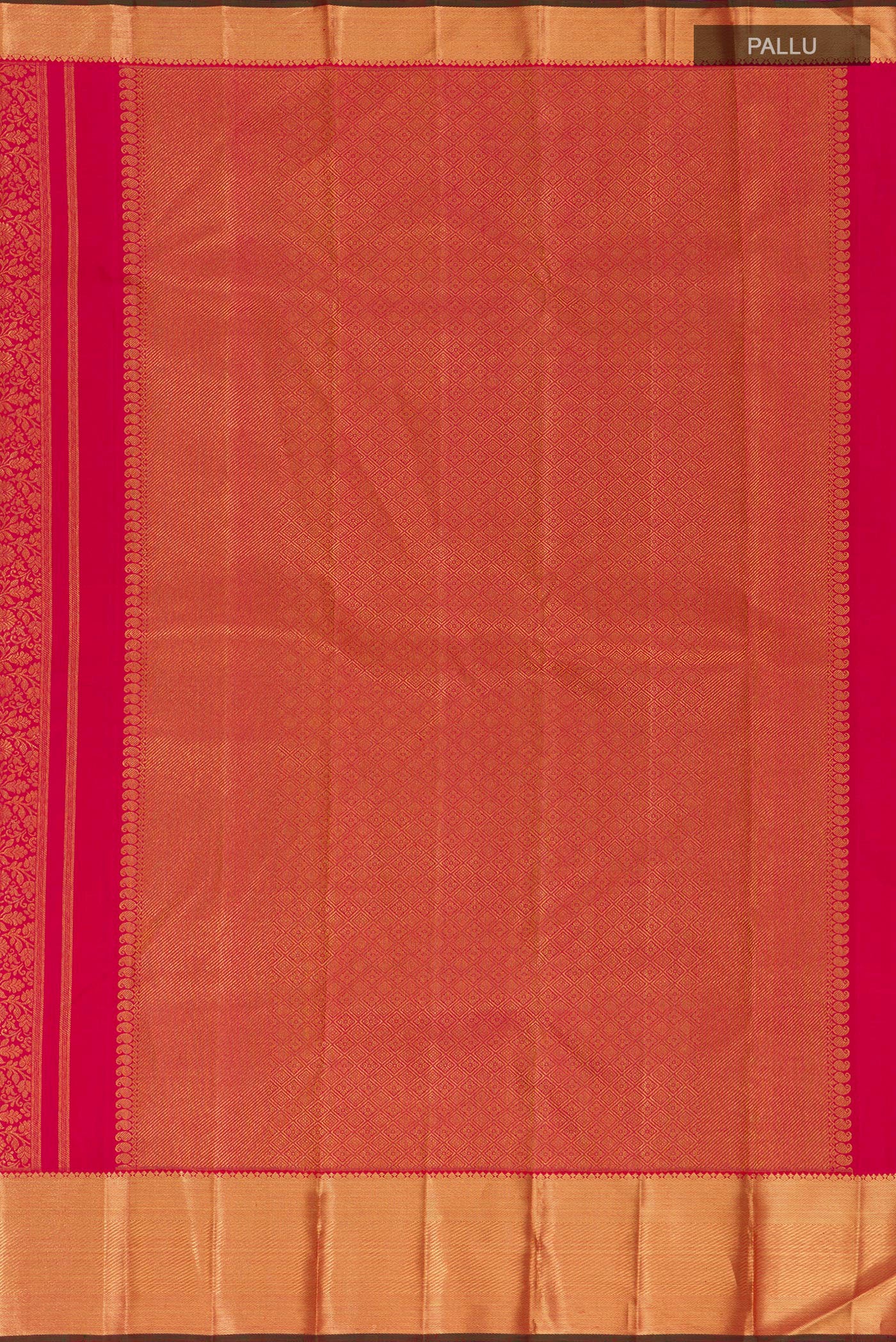 Close up image of the pallu of Pure Silk Pure Zari Pink Kanjivaram Saree with Zari Brocade on the body and Zari Border. 