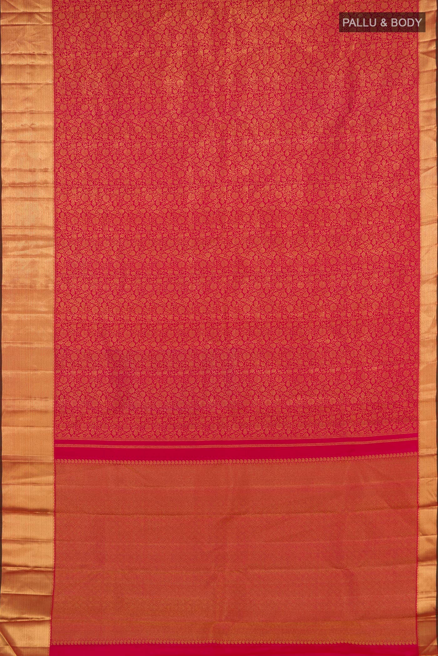 Flat view of Pure Silk Pure Zari Pink Kanjivaram Saree with Zari Brocade on the body and Zari Border. 