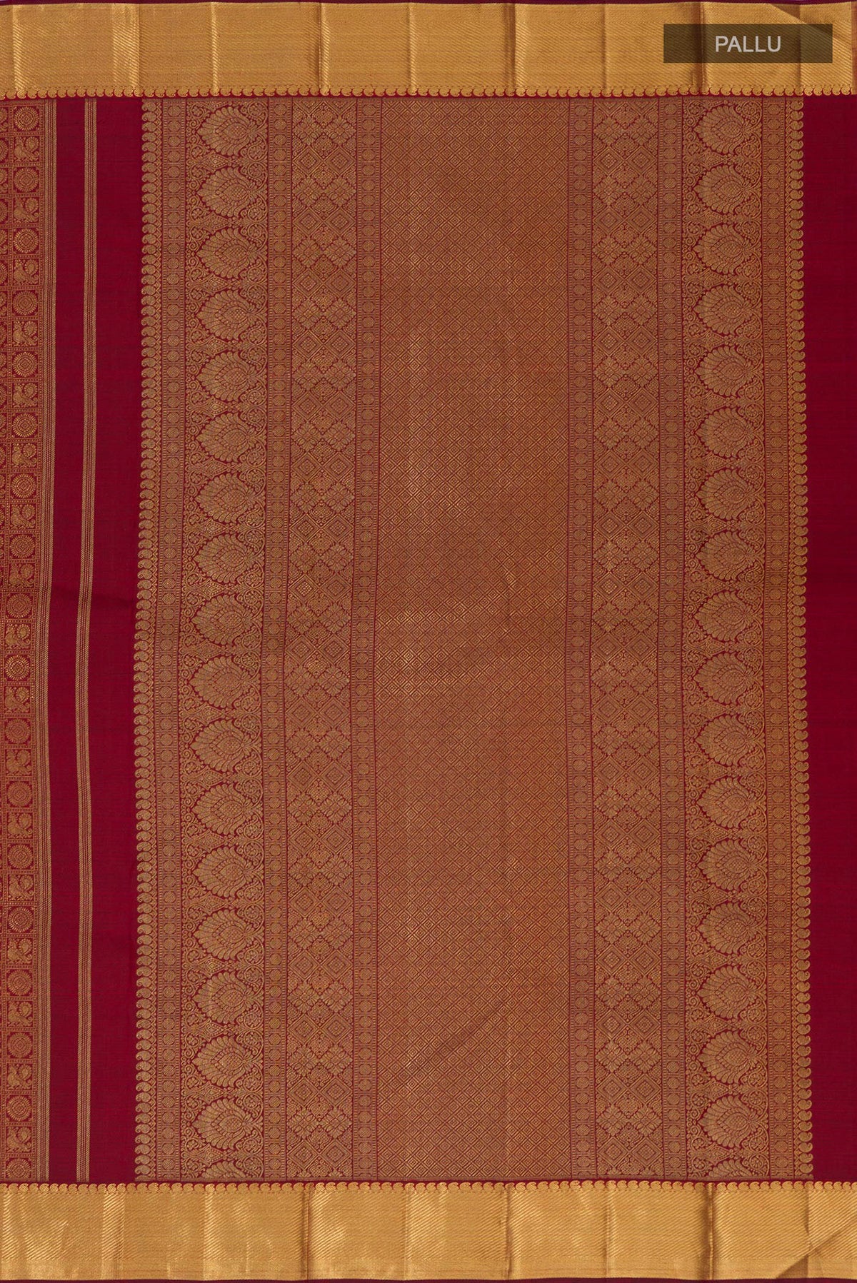 Close up image of the pallu of Pure Silk Pure Zari Maroon Kanjivaram Saree with Zari Brocade on the body and Zari Border. 