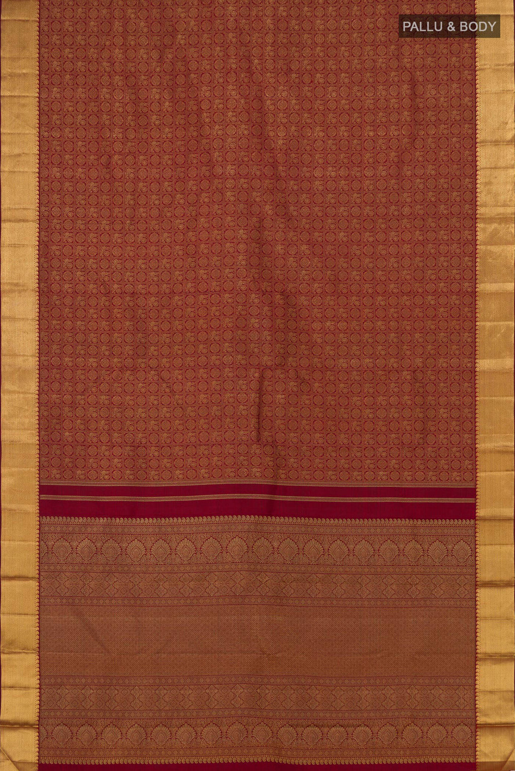 Flat view of Pure Silk Pure Zari Maroon Kanjivaram Saree with Zari Brocade on the body and Zari Border. 