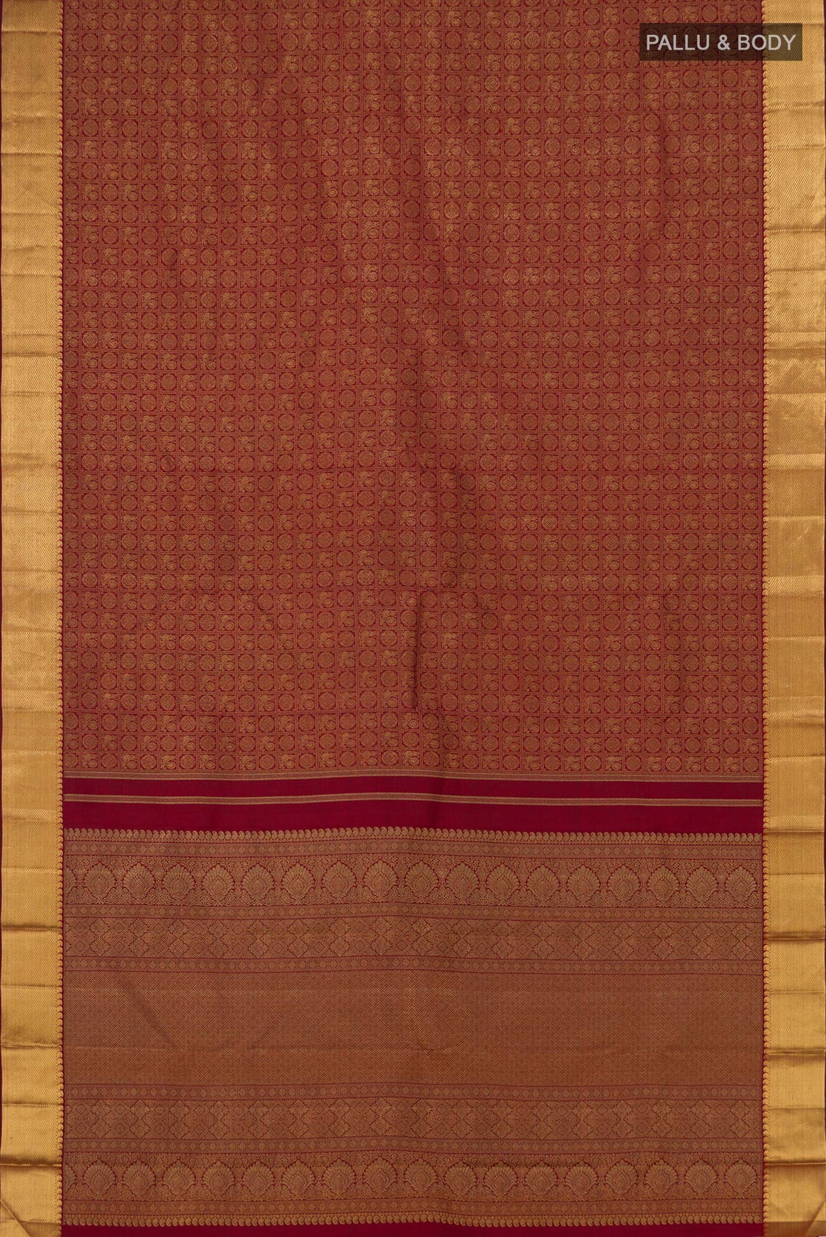 Flat view of Pure Silk Pure Zari Maroon Kanjivaram Saree with Zari Brocade on the body and Zari Border. 