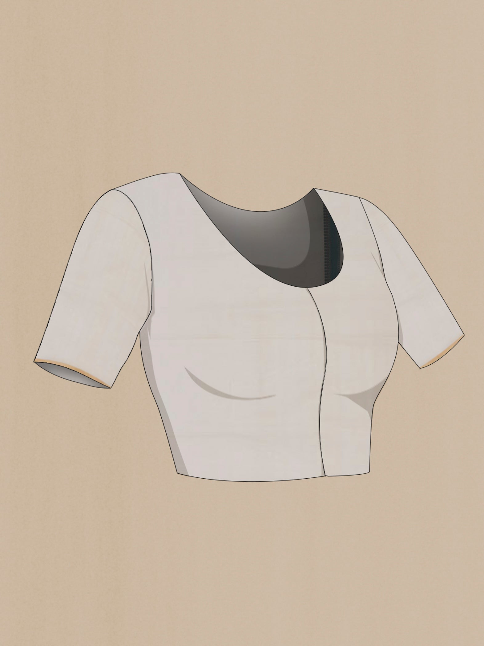 Close up image of the blouse of White Banarasi Silk Saree with Thread Butta on the body and Thread Border. 