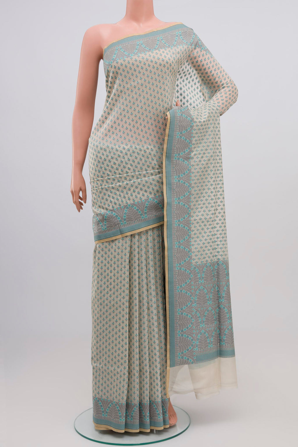 White Banarasi Silk Saree with Thread Butta on the body and Thread Border.  displayed on a mannequin