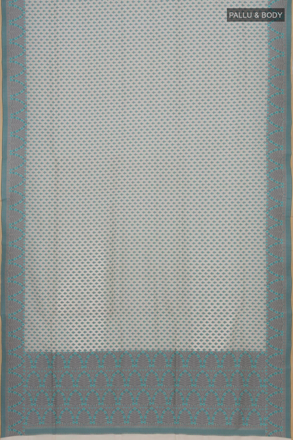 Flat view of White Banarasi Silk Saree with Thread Butta on the body and Thread Border. 