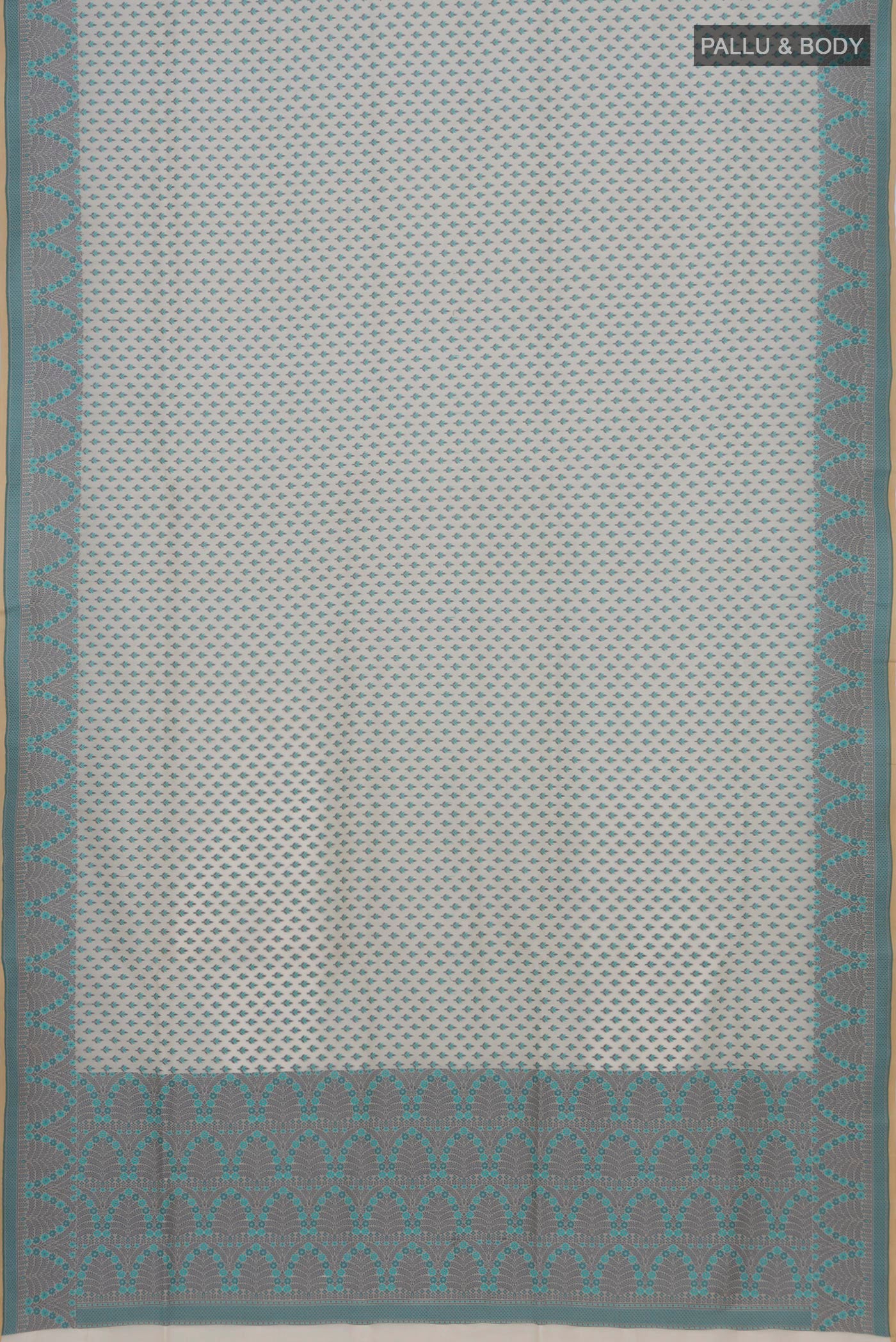 Flat view of White Banarasi Silk Saree with Thread Butta on the body and Thread Border. 
