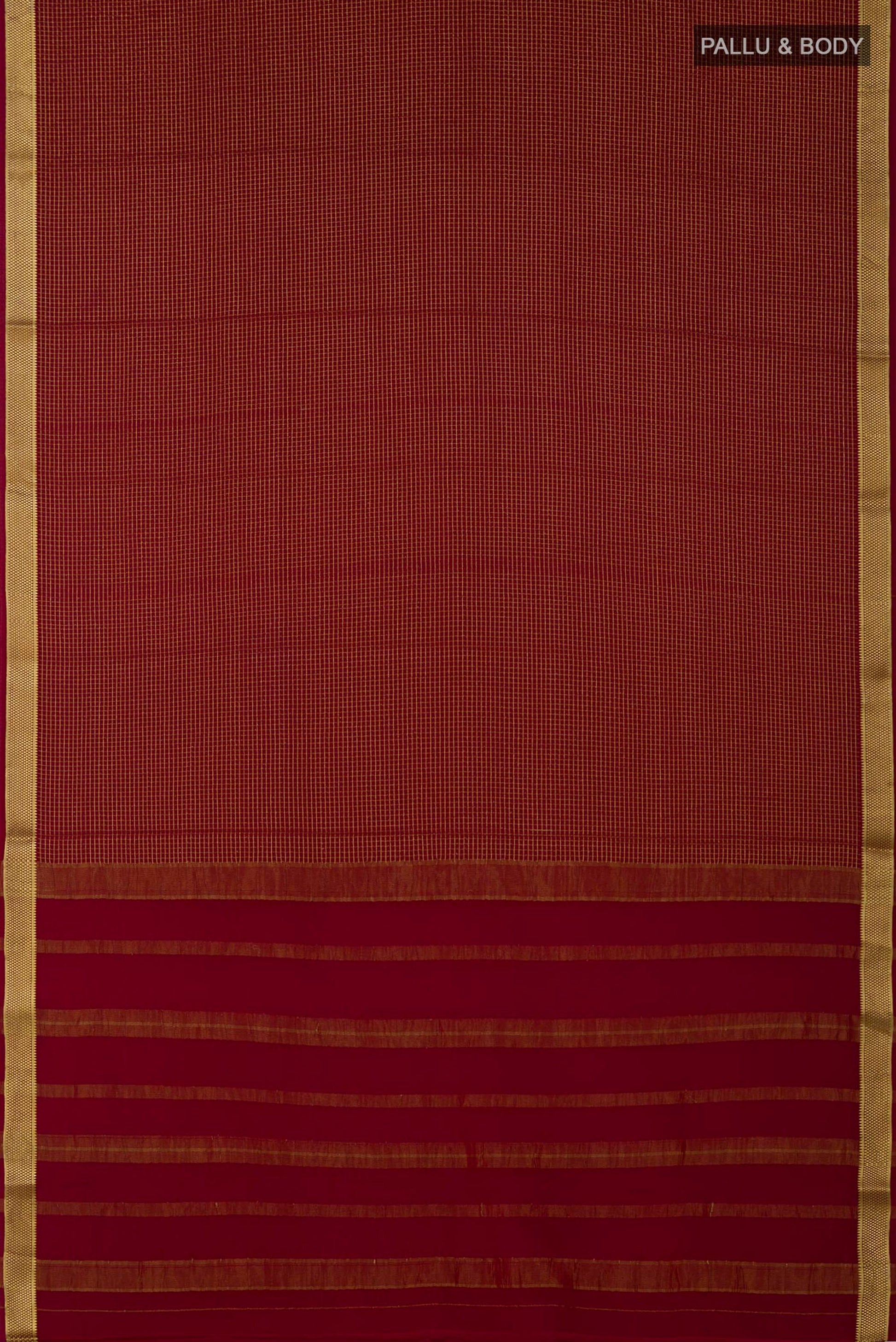 Flat view of Maroon Crepe Saree with Checked design on the body and Zari Border. 