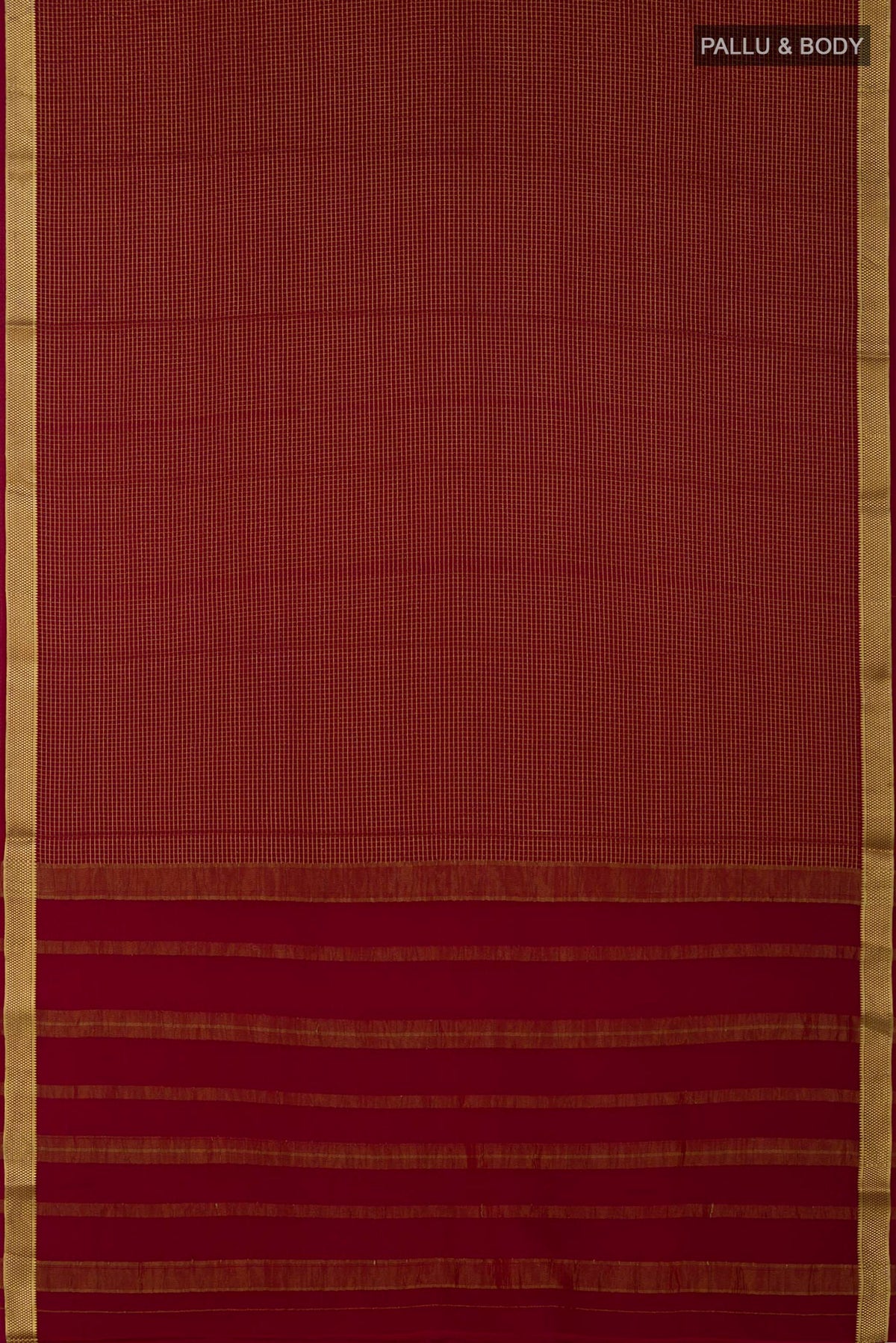 Flat view of Maroon Crepe Saree with Checked design on the body and Zari Border. 