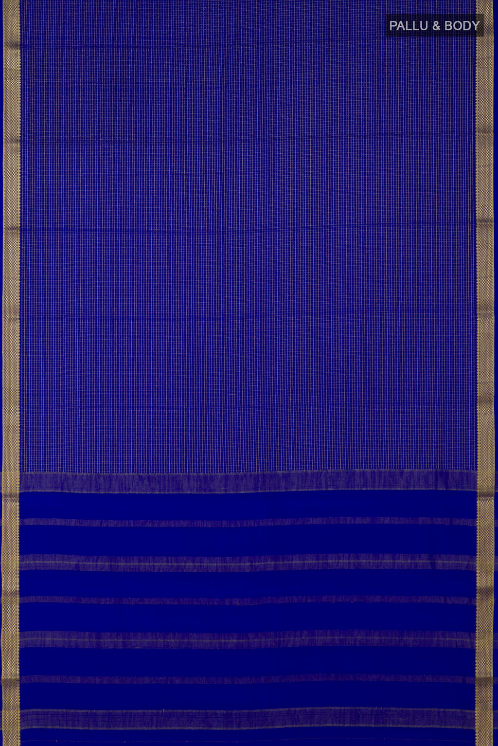 Flat view of Blue Crepe Saree with Checked design on the body and Zari Border. 