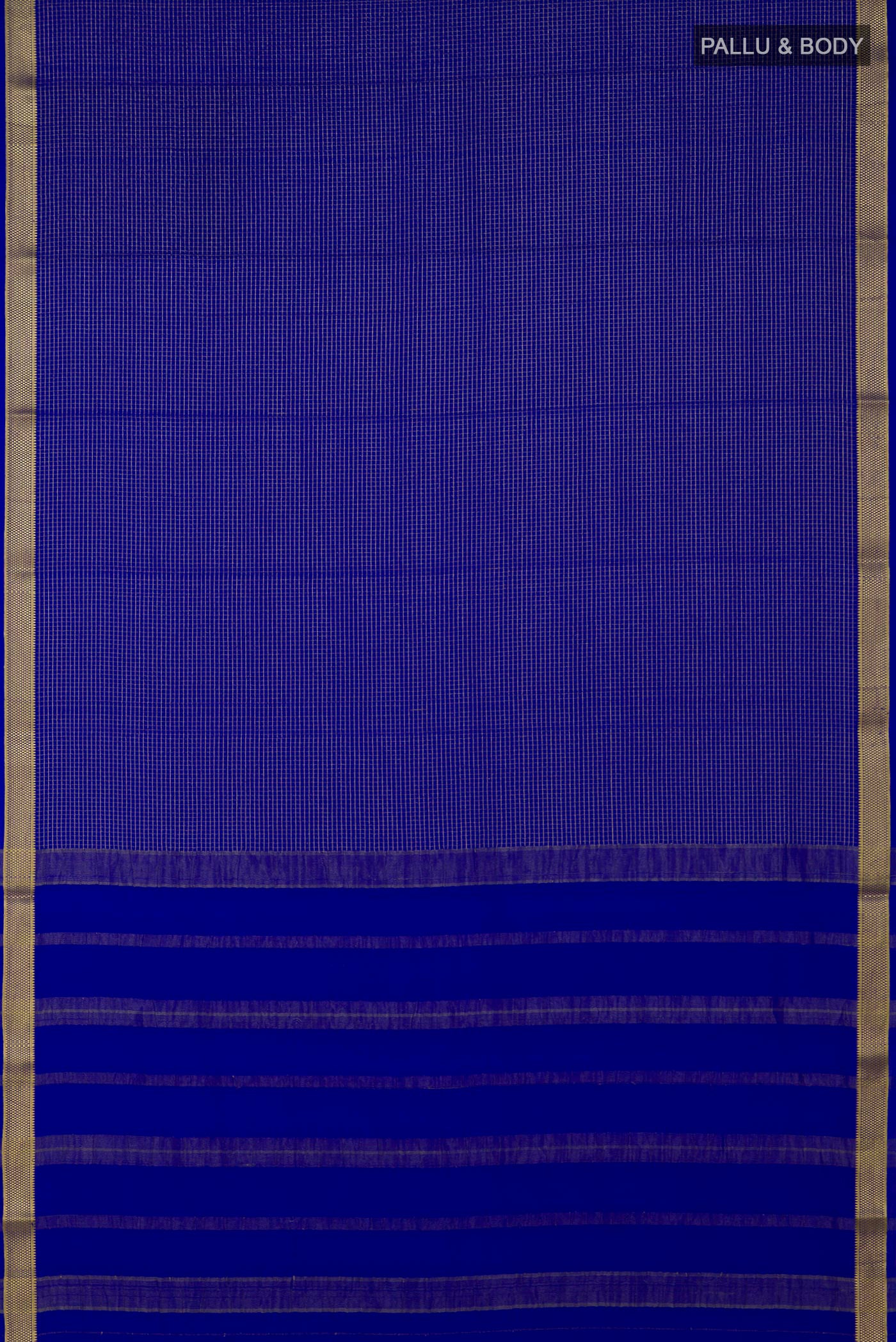 Flat view of Blue Crepe Saree with Checked design on the body and Zari Border. 