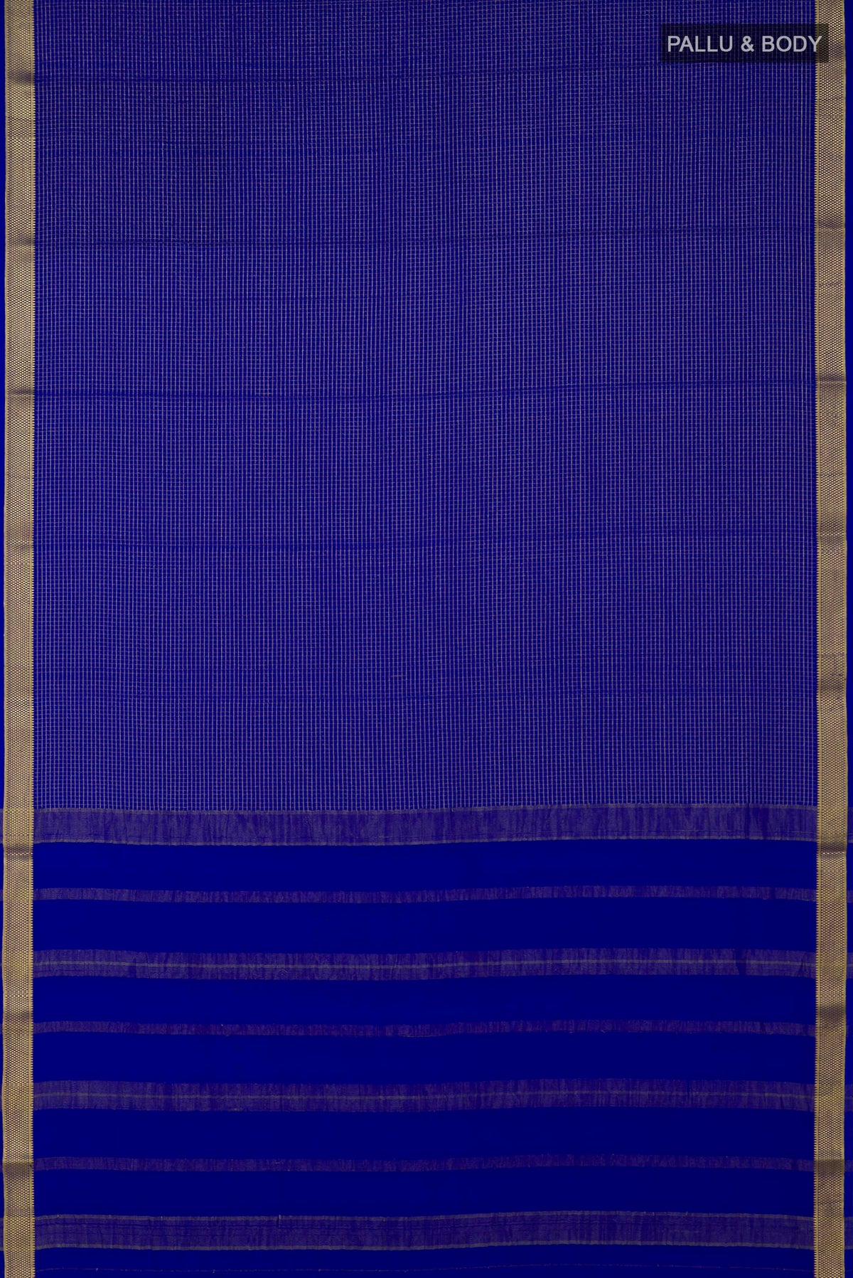 Flat view of Blue Crepe Saree with Checked design on the body and Zari Border. 