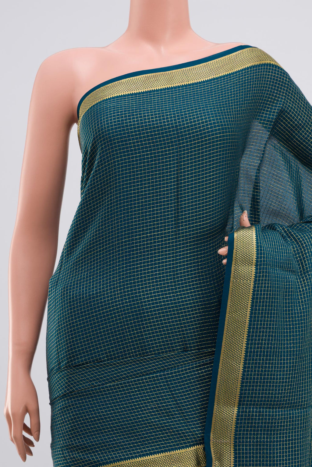 Border image of Blue Mysore Crepe Saree with Checked design on the body and Zari Border. 