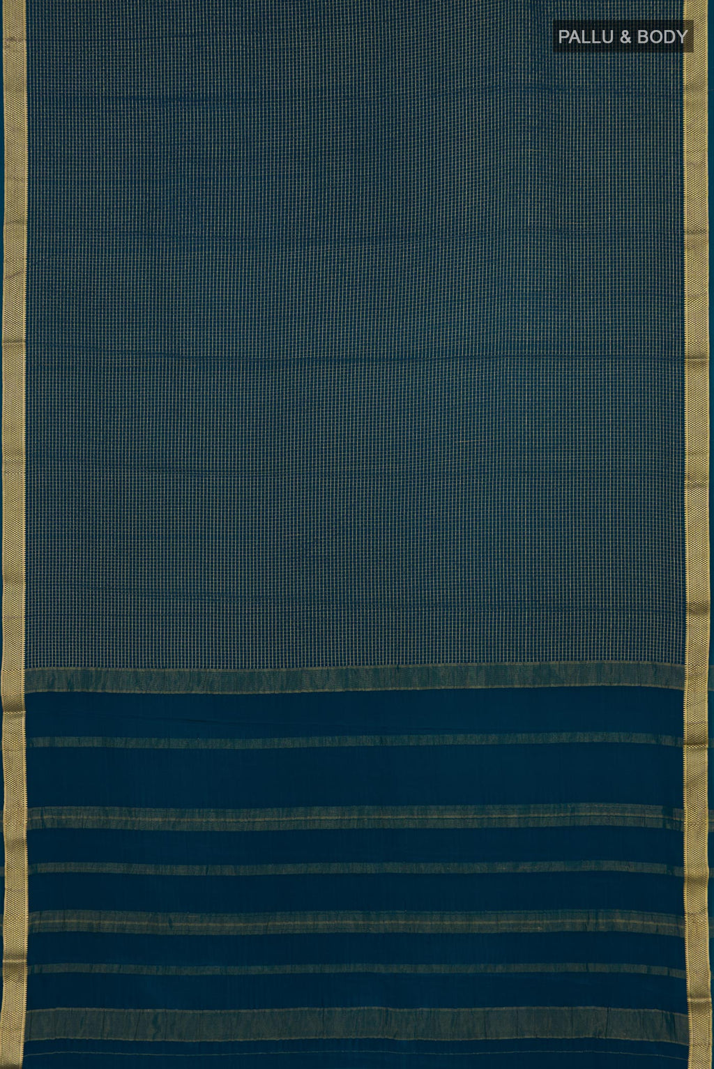Flat view of Blue Mysore Crepe Saree with Checked design on the body and Zari Border. 