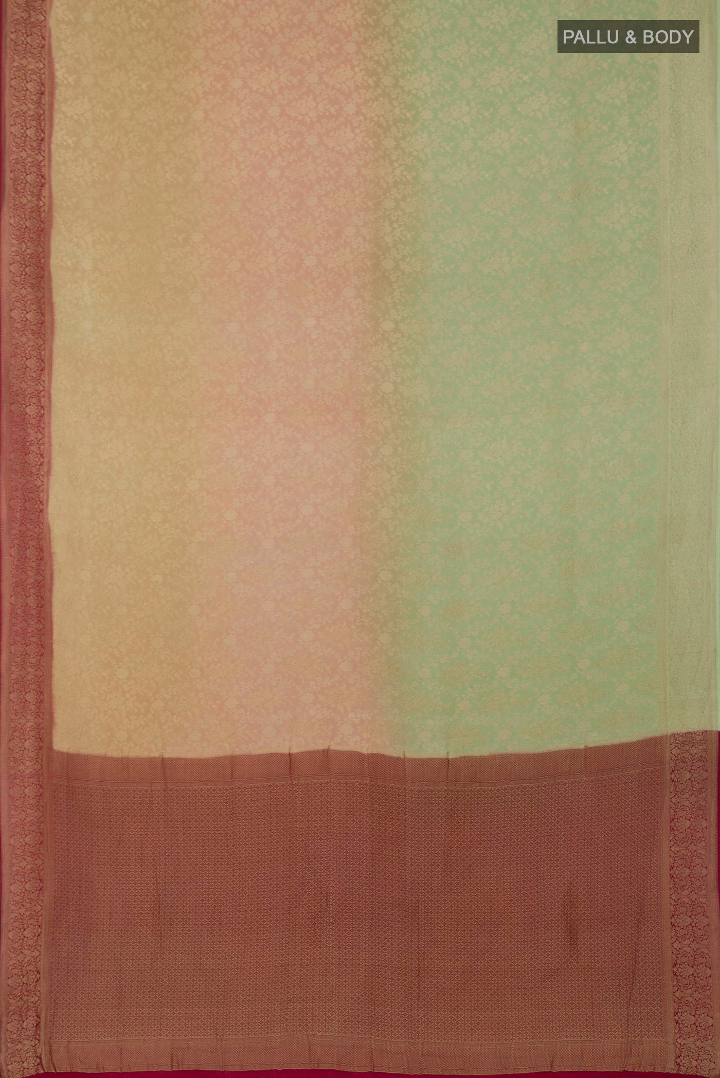 Flat view of Multi Color Banarasi Georgette Saree with Fancy on the body and Zari Border. 