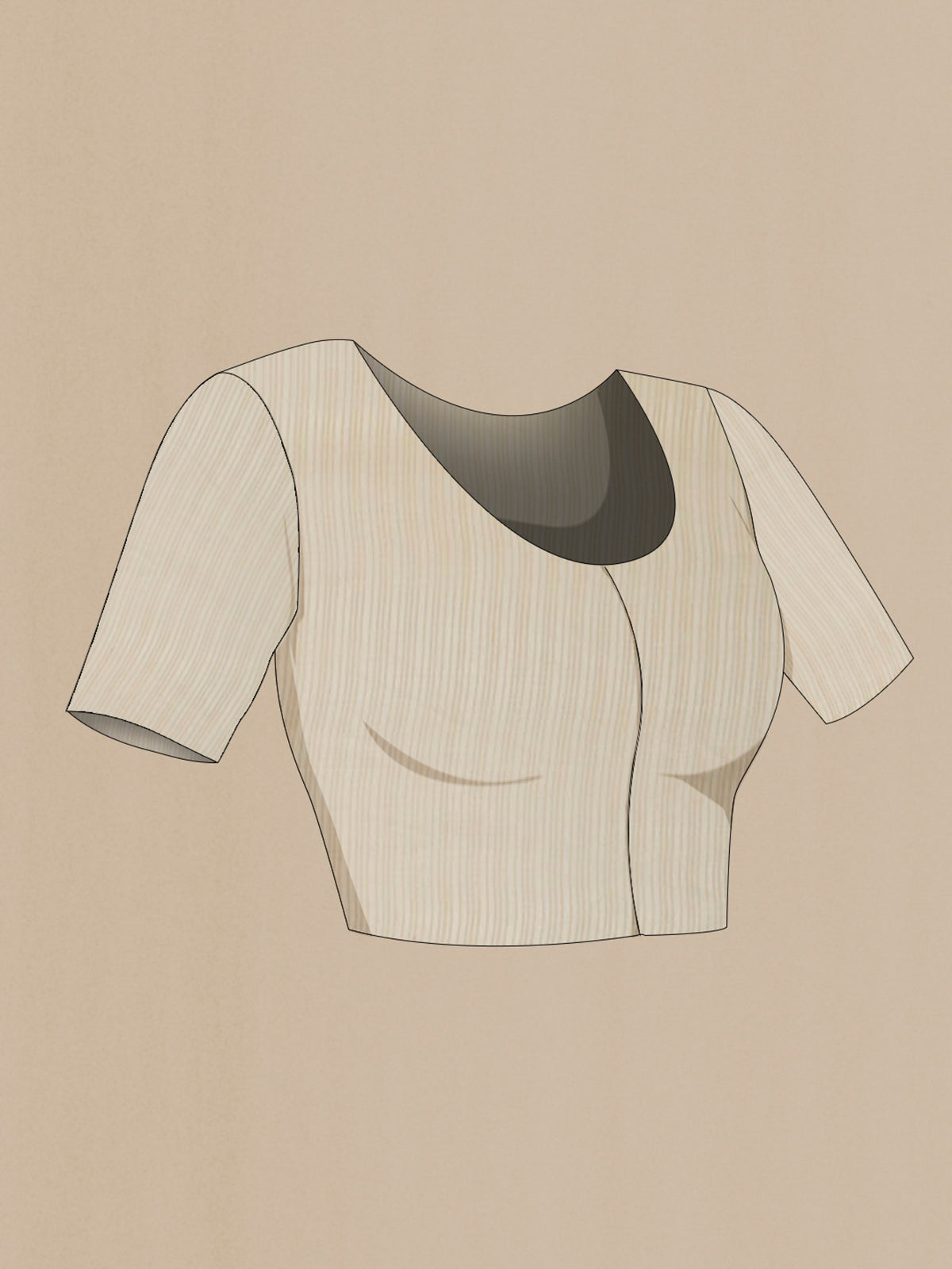 Close up image of the blouse of Cream Crepe Saree with Zari Butta on the body and Thin Zari Line. 