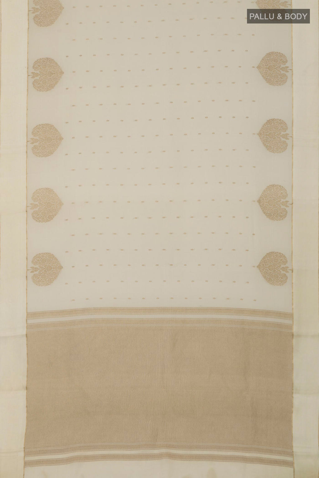 Flat view of Cream Crepe Saree with Zari Butta on the body and Thin Zari Line. 