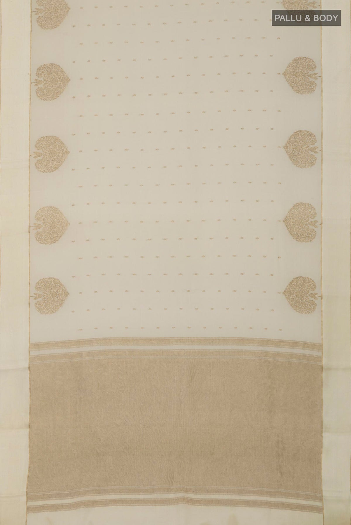 Flat view of Cream Crepe Saree with Zari Butta on the body and Thin Zari Line. 