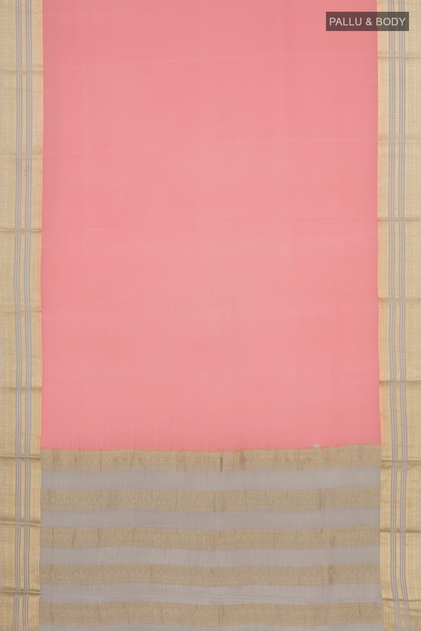 Flat view of Pink Crepe Saree with Plain Body and Zari Border. 