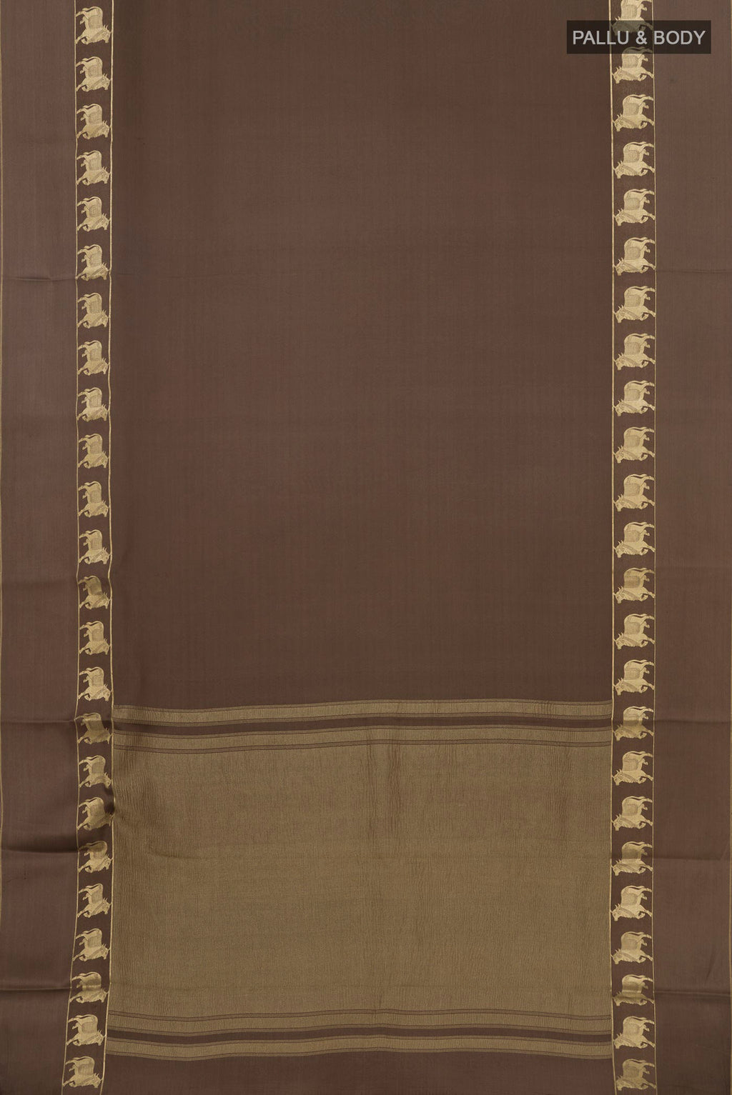 Flat view of Grey Crepe Saree with Plain Body and Fancy Border. 