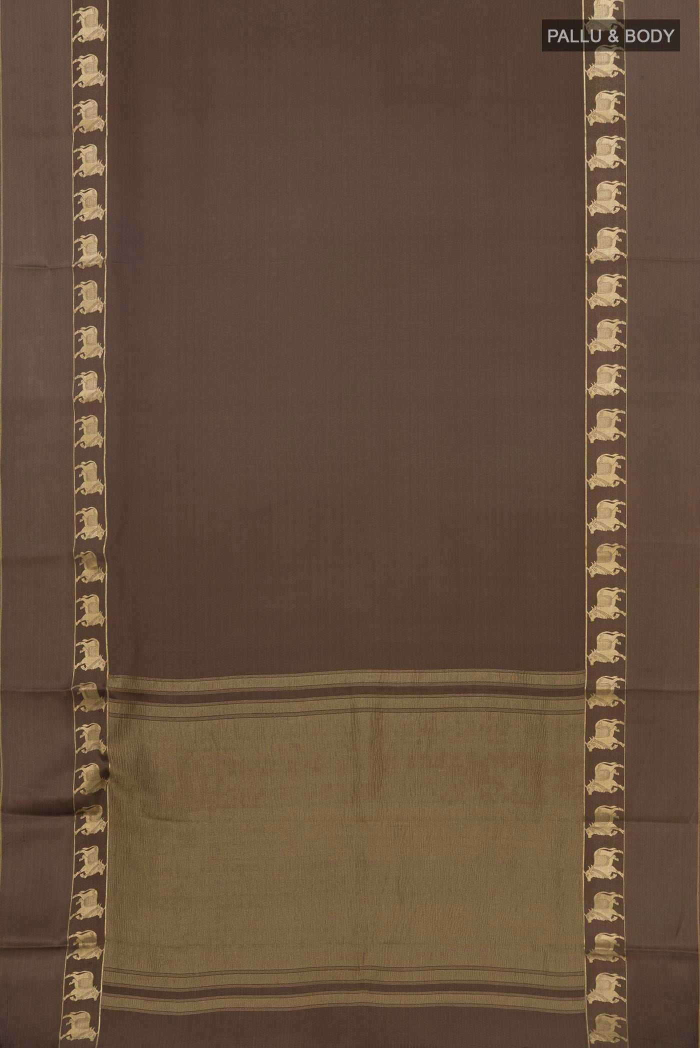 Flat view of Grey Crepe Saree with Plain Body and Fancy Border. 
