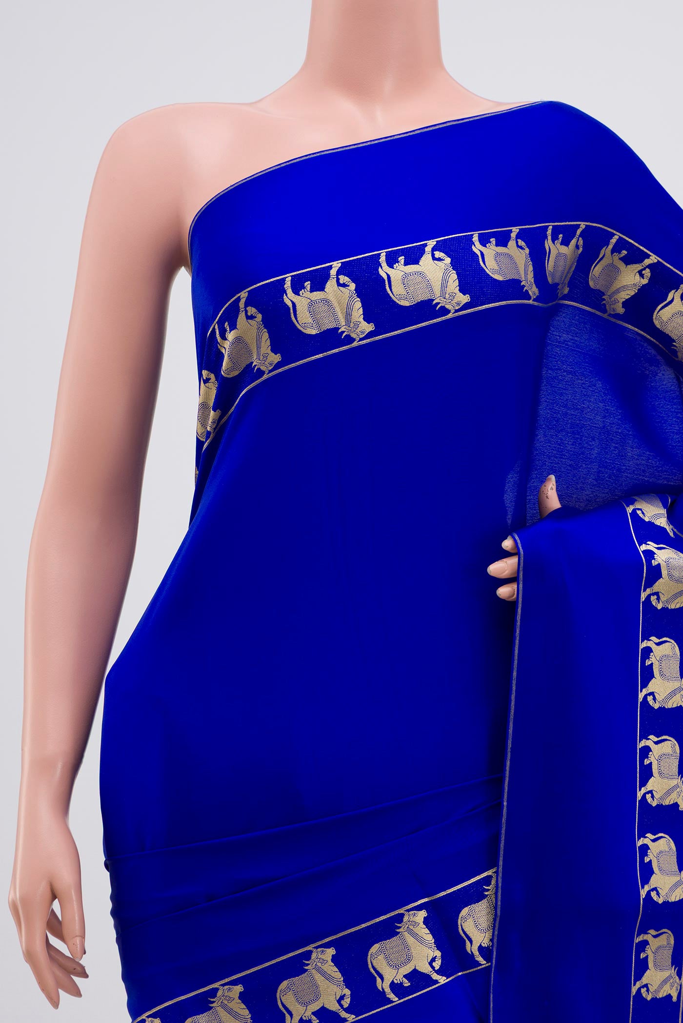 Border image of Blue Mysore Crepe Saree with Plain Body and Zari Border. 