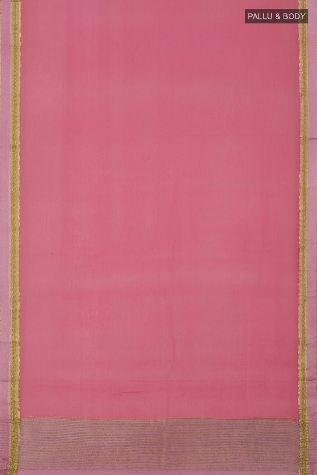 Flat view of Peach Chiffon Saree with Plain Body and Zari Border. 